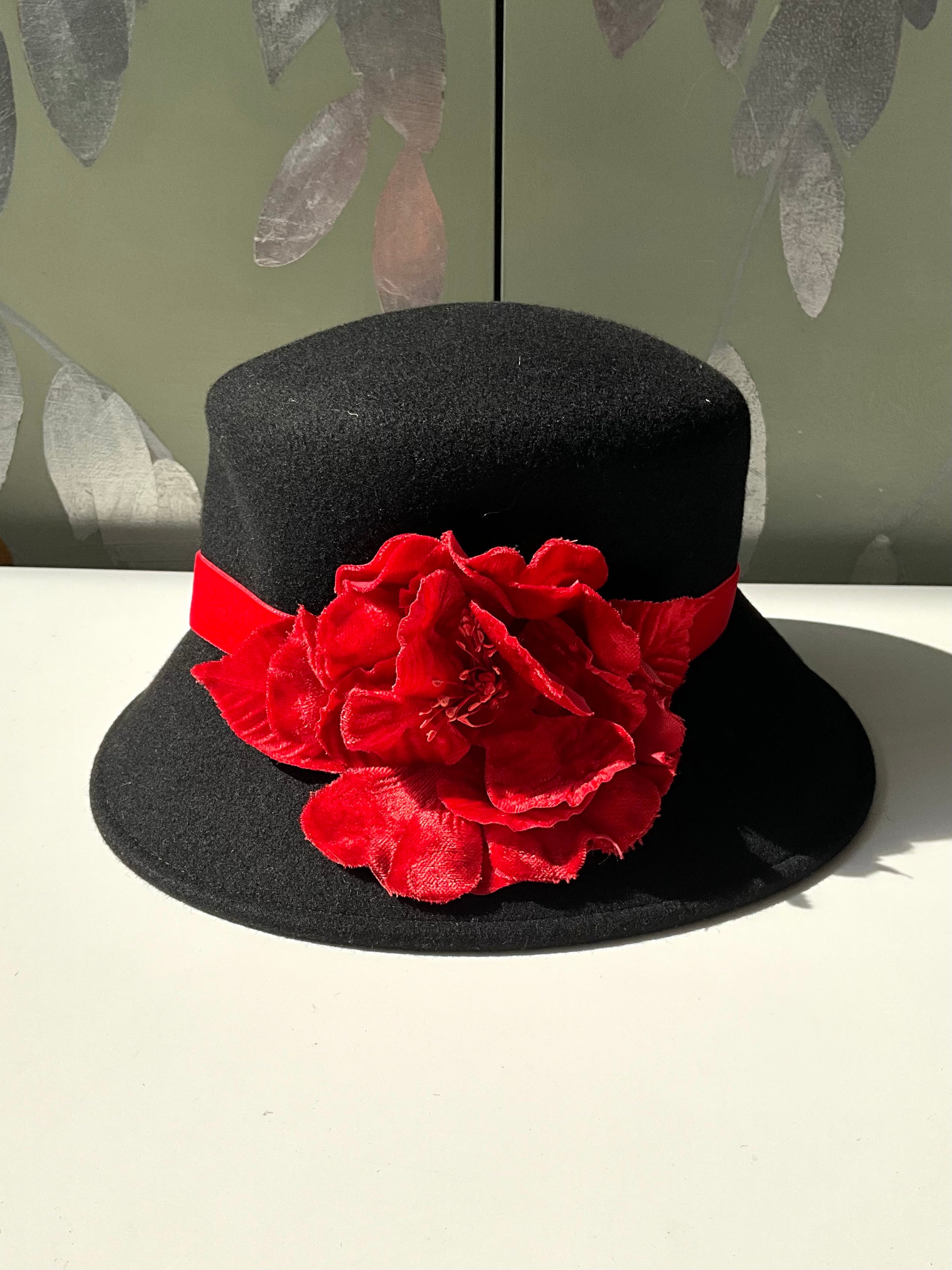 Vintage Black Felt Wool Italian Hat with Red Velvet Flower, Medium 