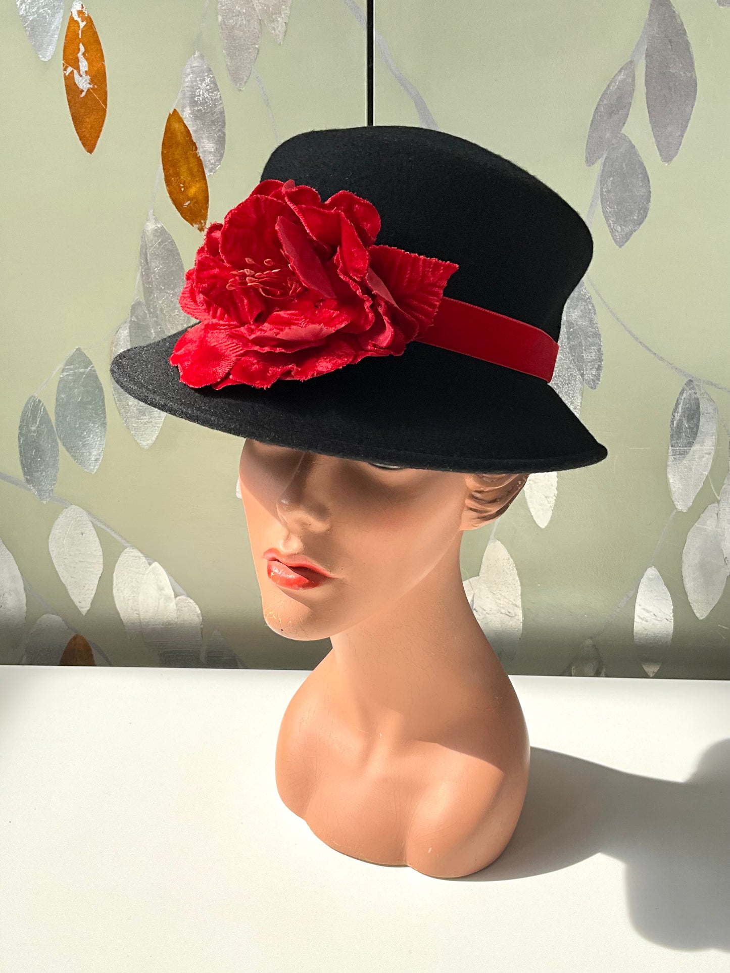 Vintage Black Felt Wool Italian Hat with Red Velvet Flower, Medium 