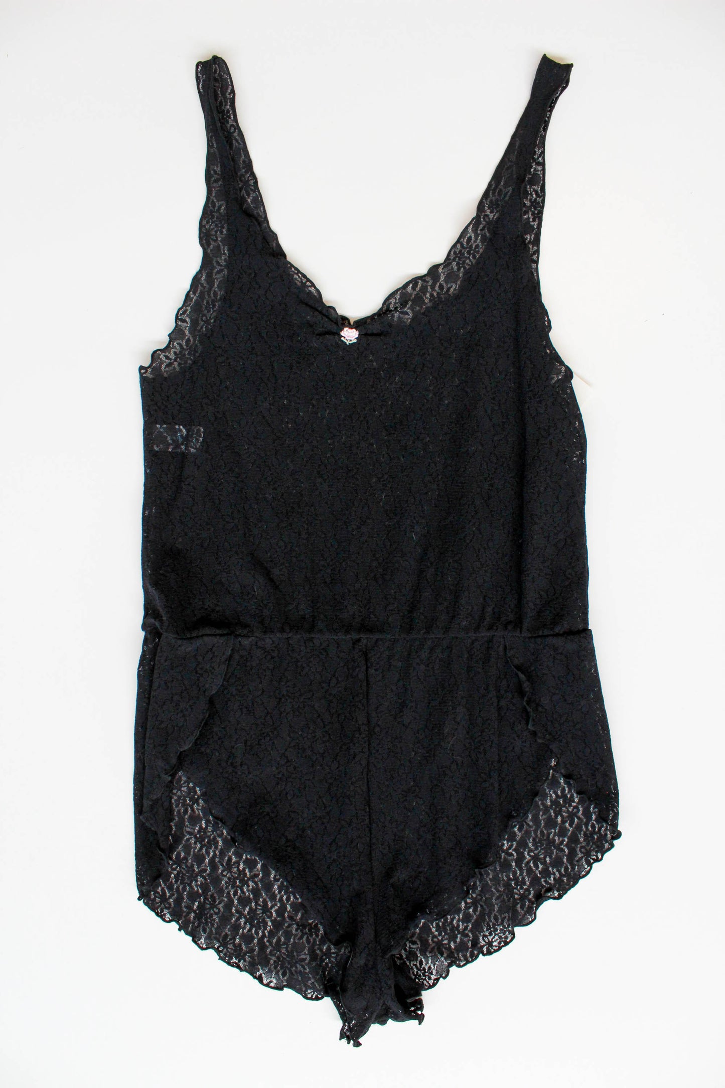 Vintage 1990s Black Lace Sheer Teddy Bodysuit with Rosette, Small