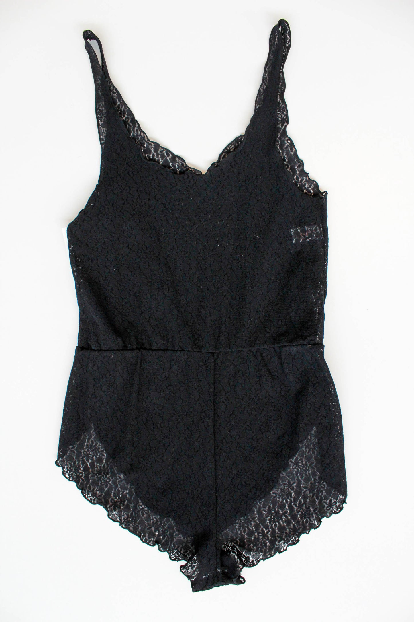 Vintage 1990s Black Lace Sheer Teddy Bodysuit with Rosette, Small