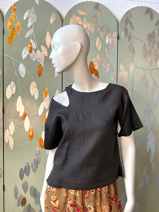 Vintage 1990s Black Linen Short Sleeve Cut-Out Buckle Top, Medium 