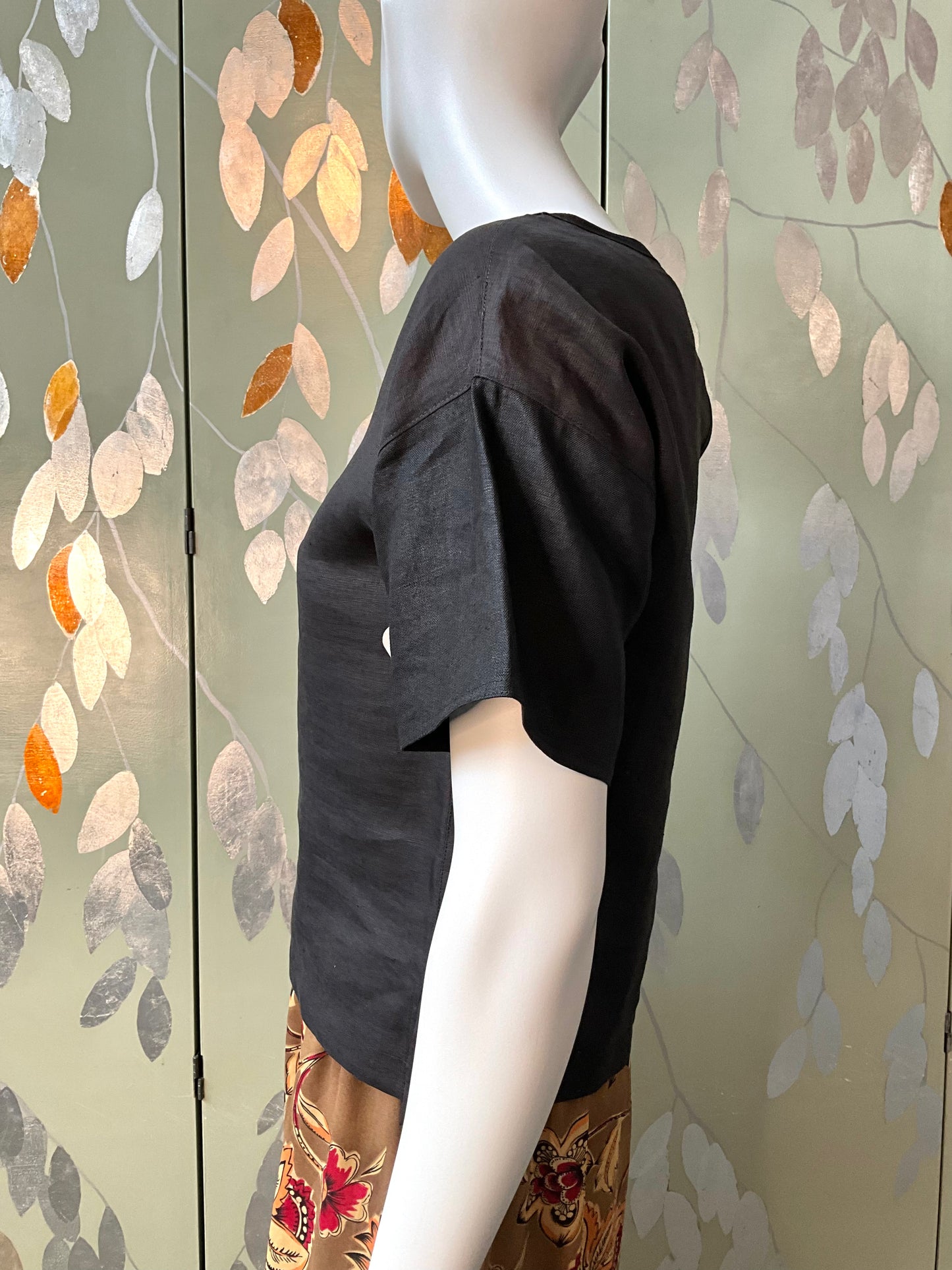 Vintage 1990s Black Linen Short Sleeve Cut-Out Buckle Top, Medium 