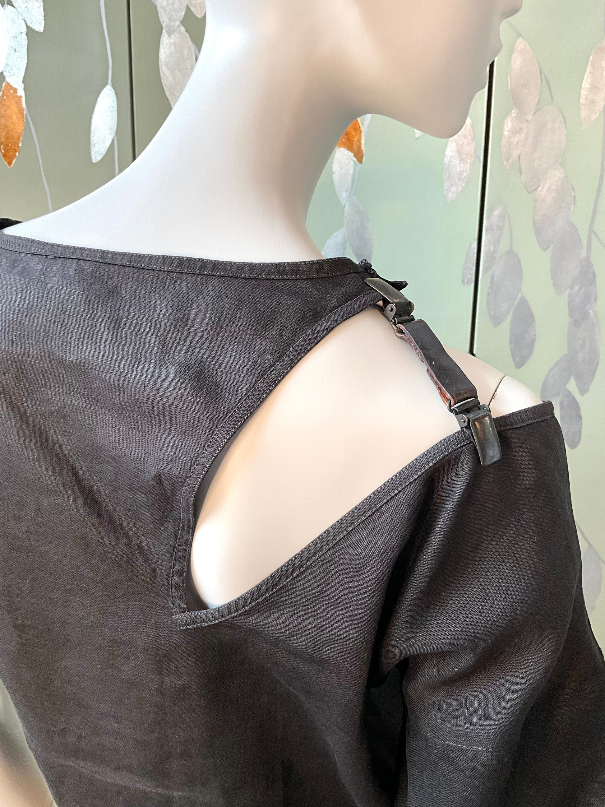 Vintage 1990s Black Linen Short Sleeve Cut-Out Buckle Top, Medium 