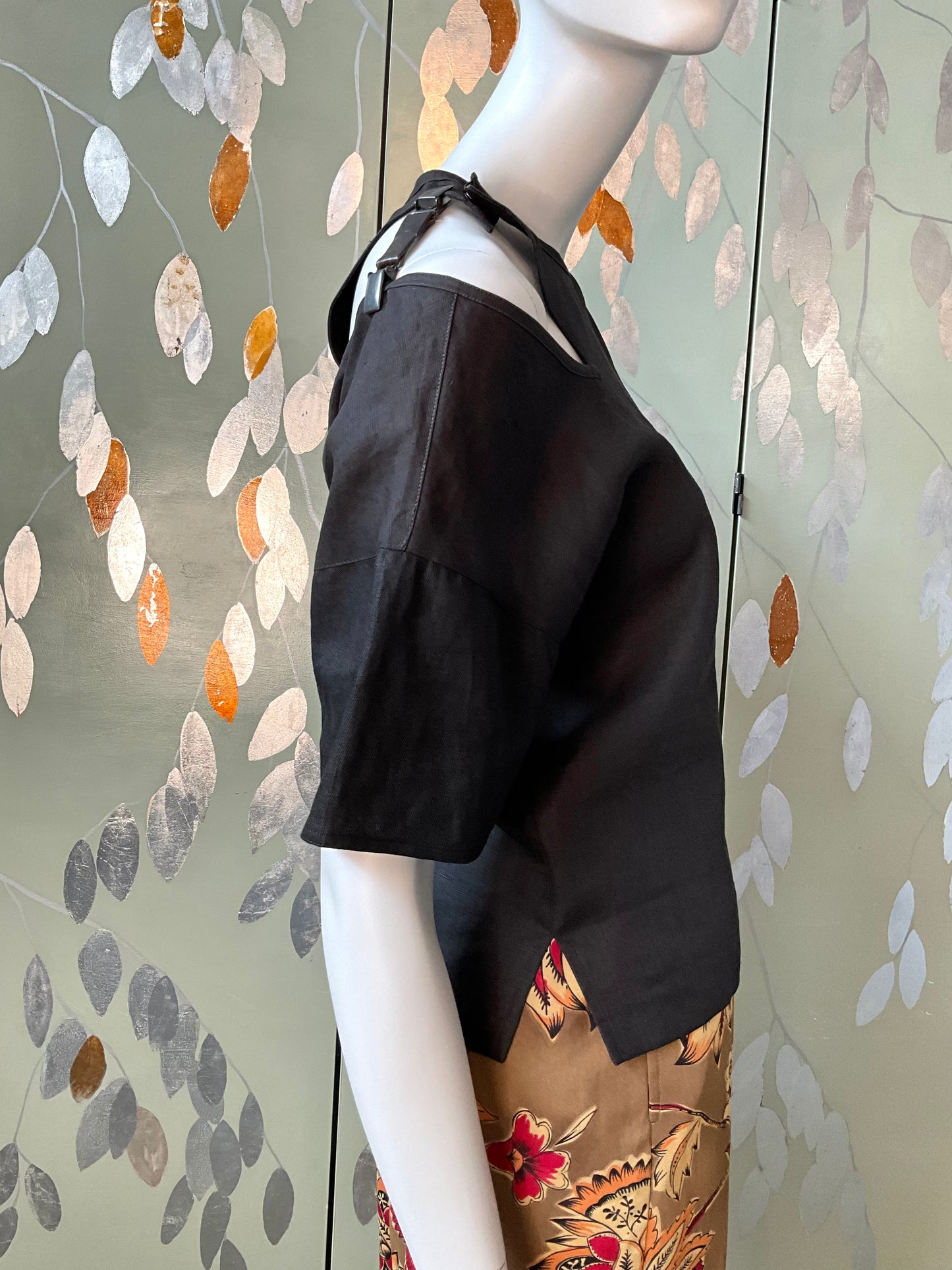 Vintage 1990s Black Linen Short Sleeve Cut-Out Buckle Top, Medium 