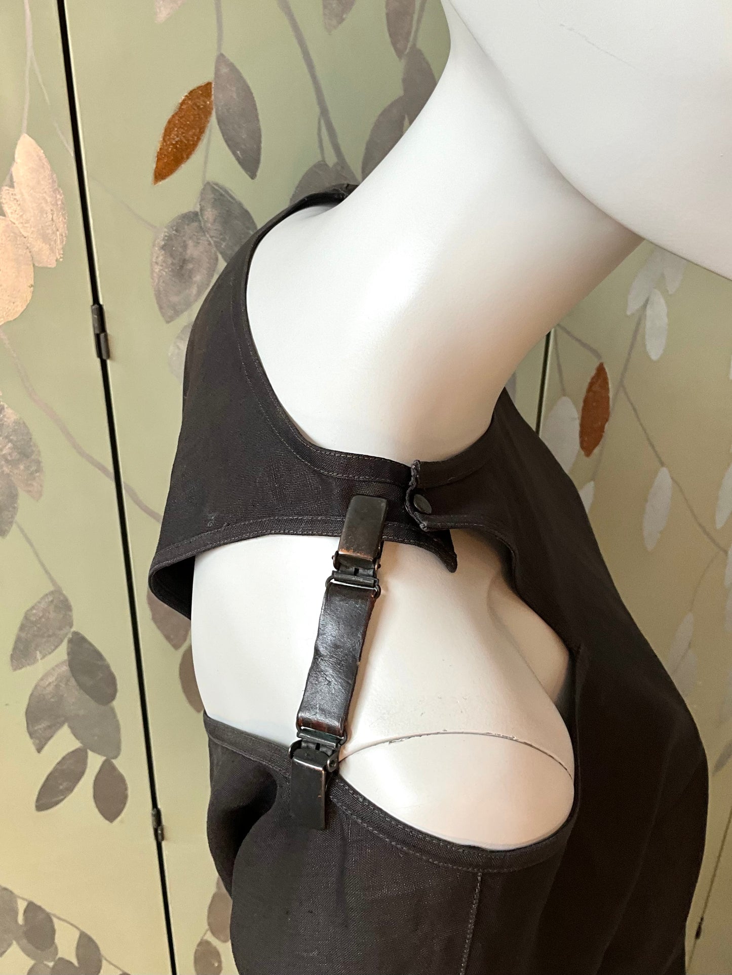 Vintage 1990s Black Linen Short Sleeve Cut-Out Buckle Top, Medium 