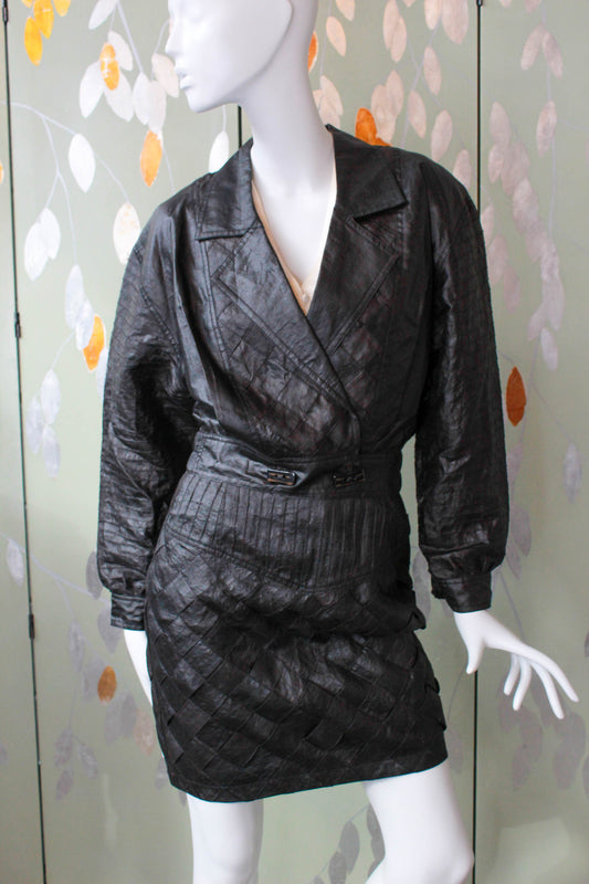 80s Black Silk Skirt and Jacket Set, Small