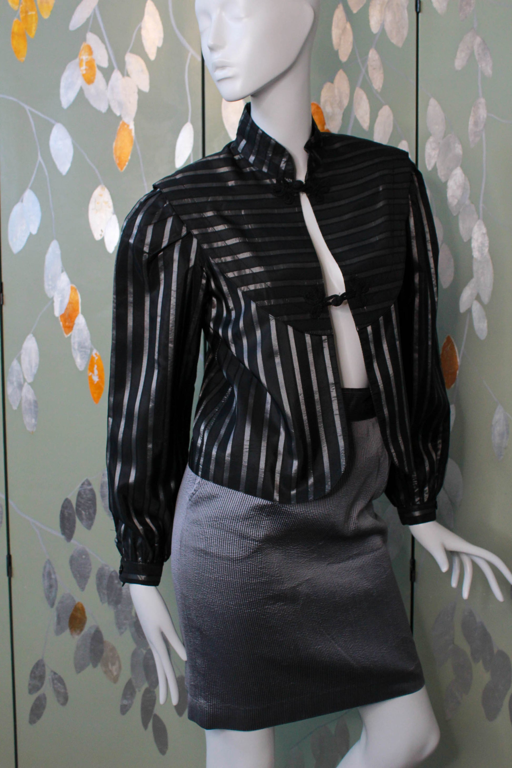 1990s harriet selling silk pencil skirt with pockets, high waisted, grey and black pinstripe