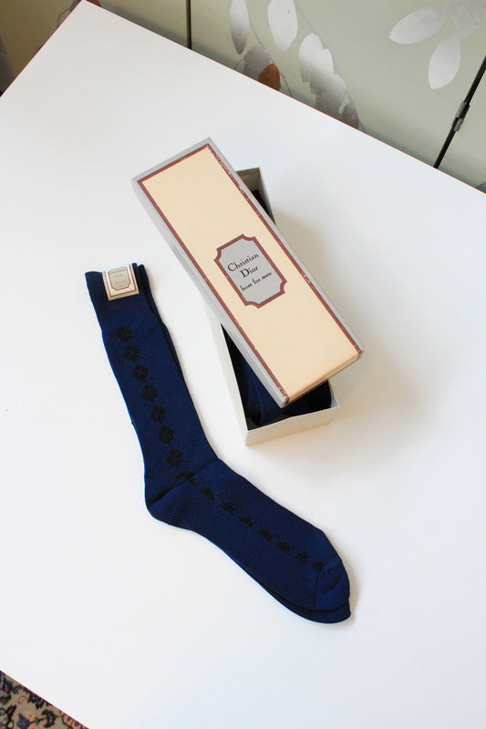 80s/90s Deadstock Christian Dior Blue Argyle Nylon Socks, Size 10-13, Multiples