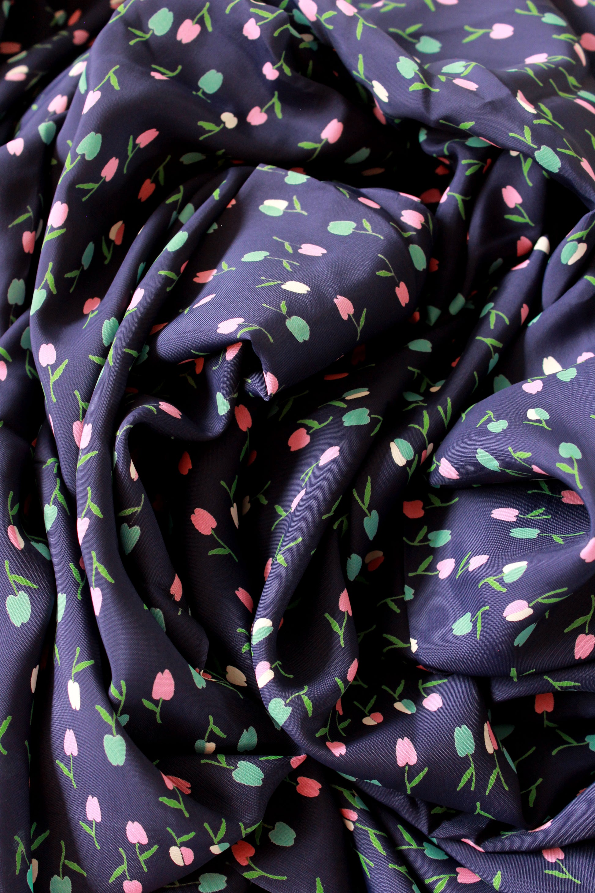 Vintage 1940s Rayon In Navy With Pastel Tulips, 4.5 Yards