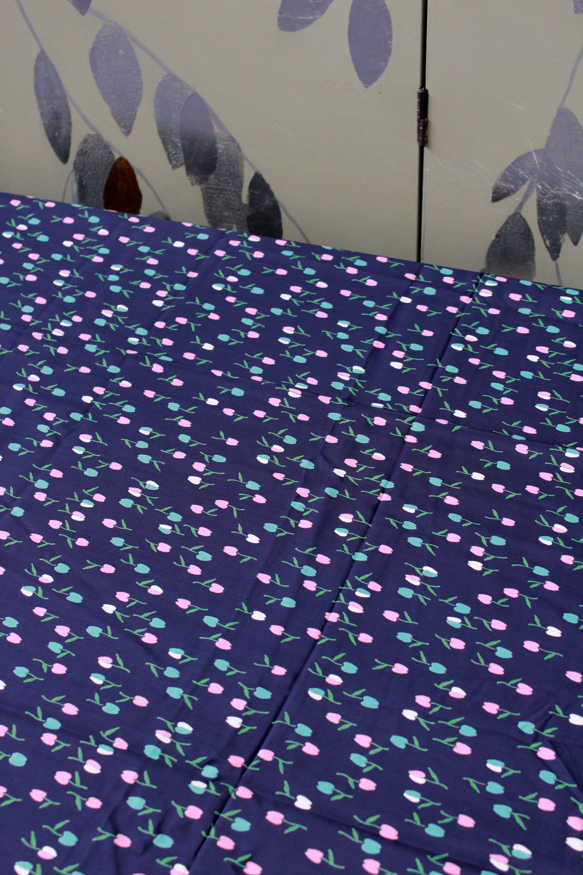 Vintage 1940s Rayon In Navy With Pastel Tulips, 4.5 Yards