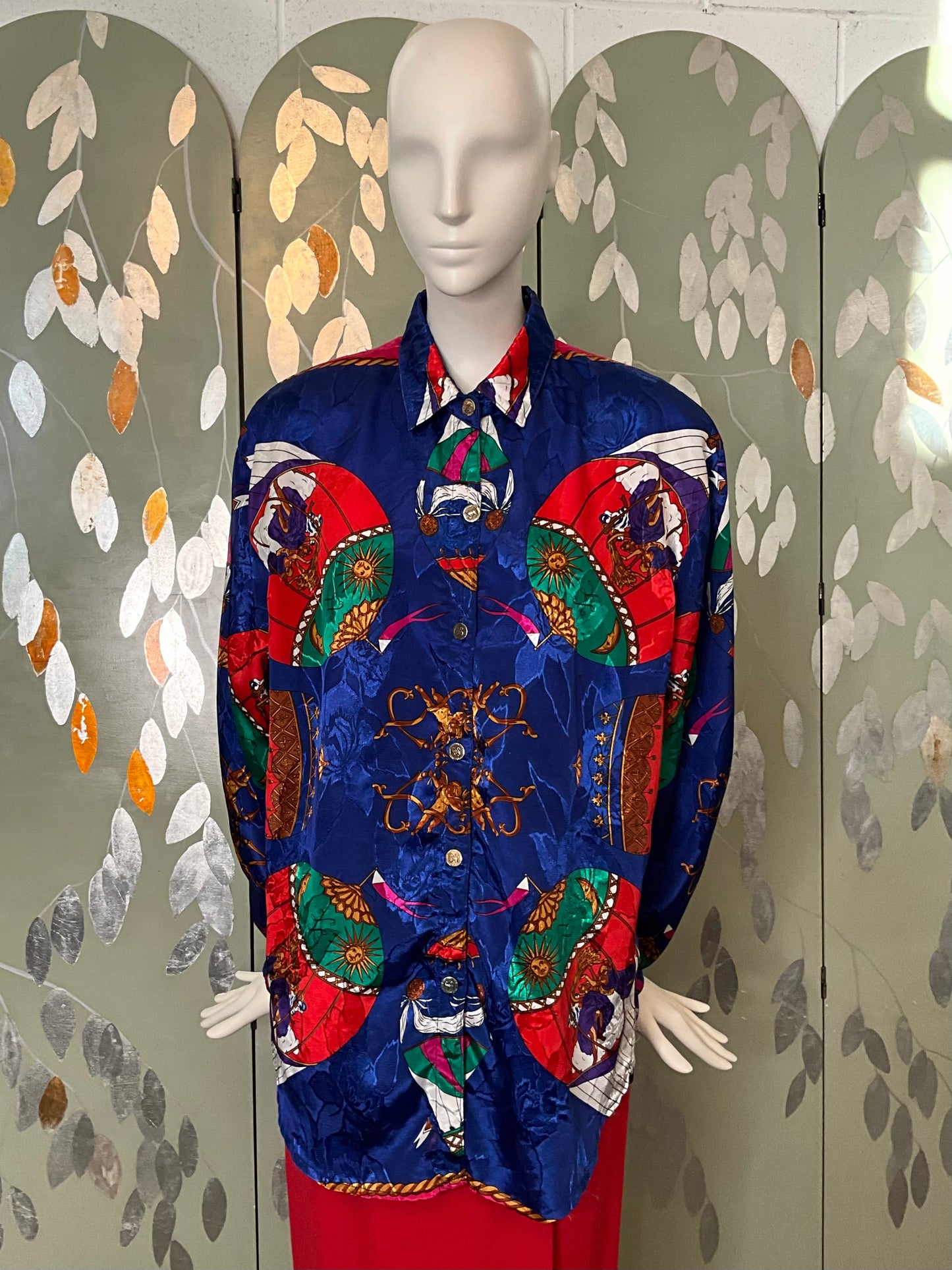 Vintage 1980s Blue and Red Satin Print Long Sleeve Button Up Shirt, L-XL