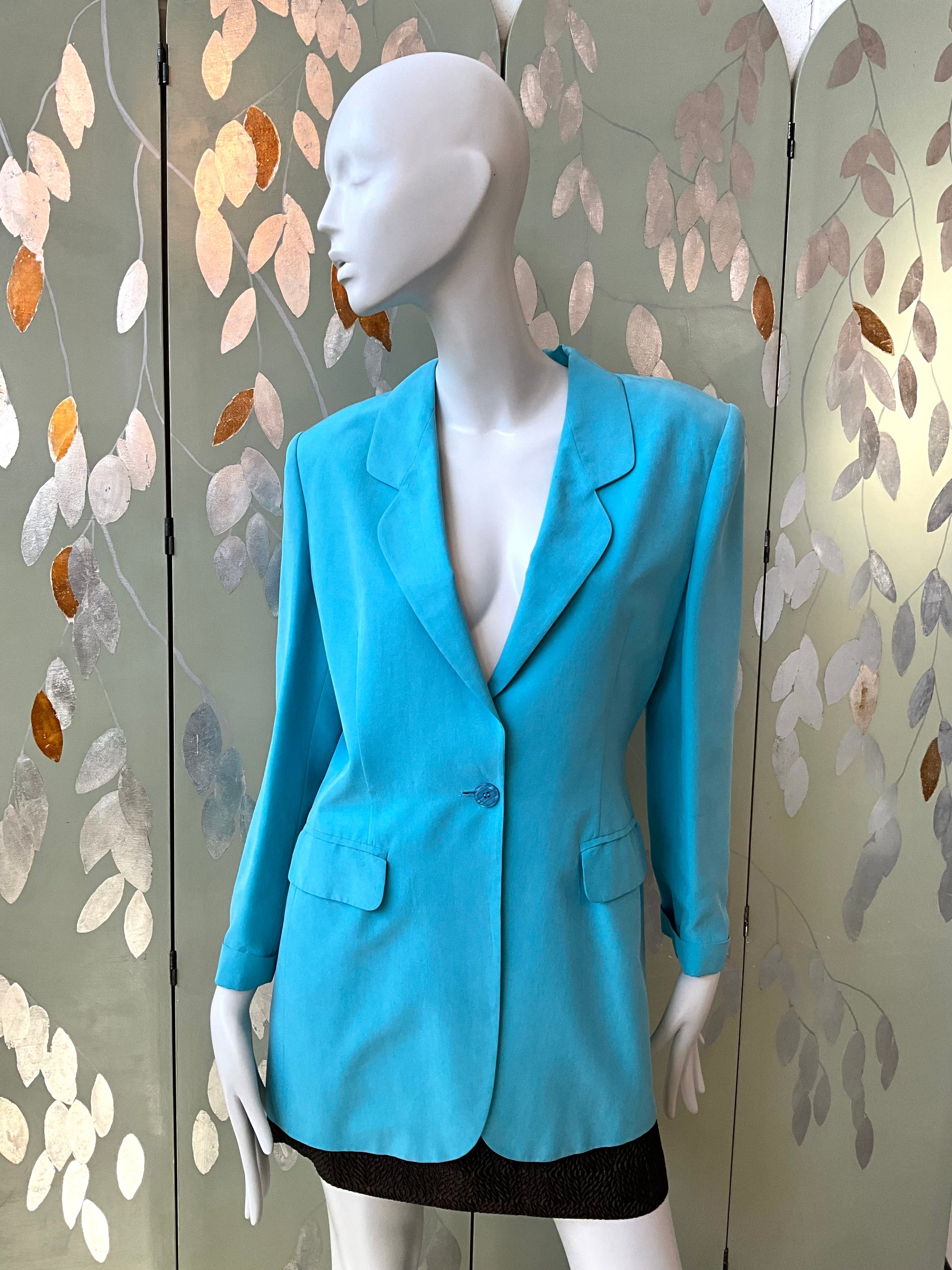 Vintage 1980s Baby Blue Silk Long Blazer, Small 