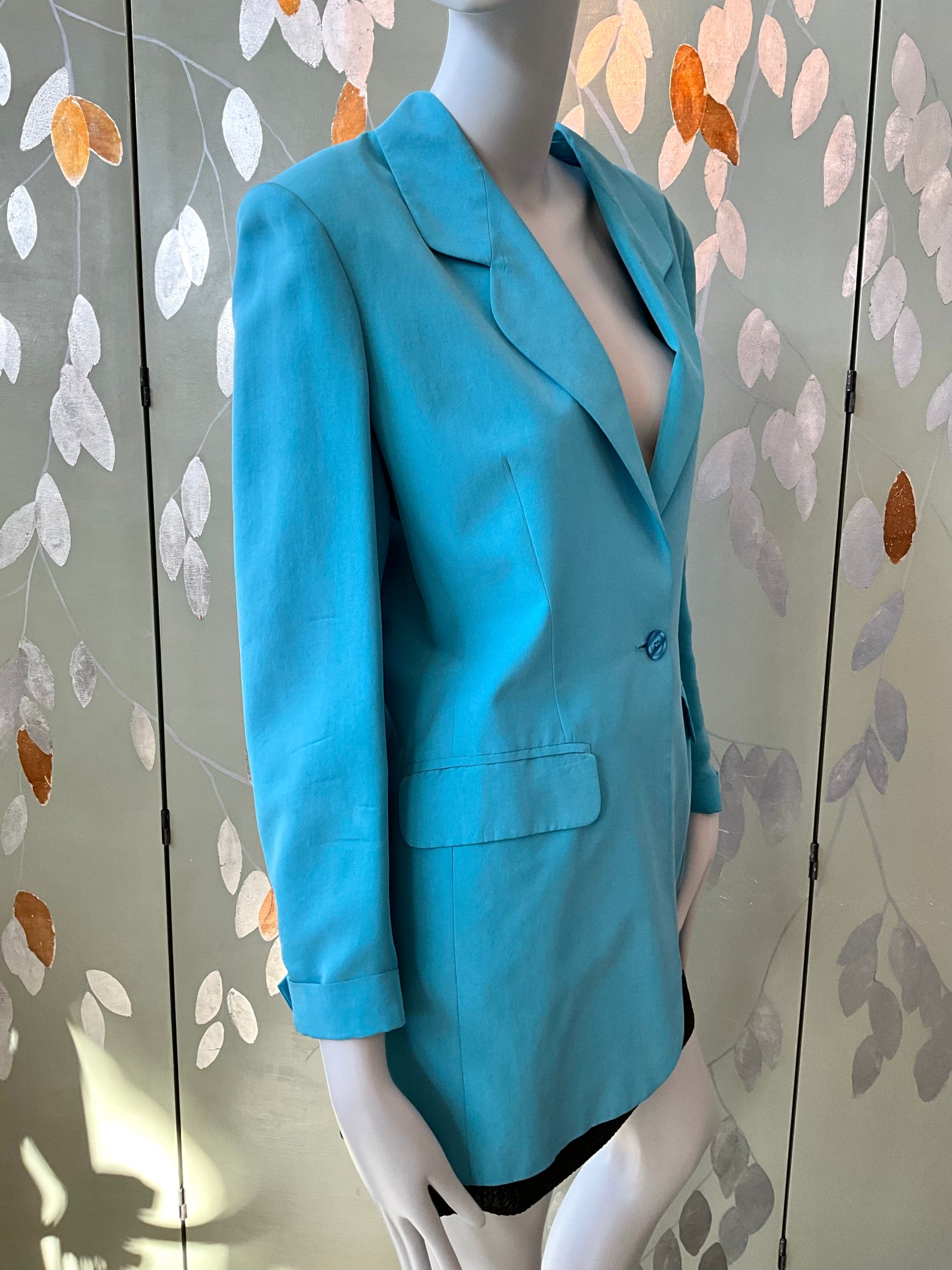 Vintage 1980s Baby Blue Silk Long Blazer, Small 