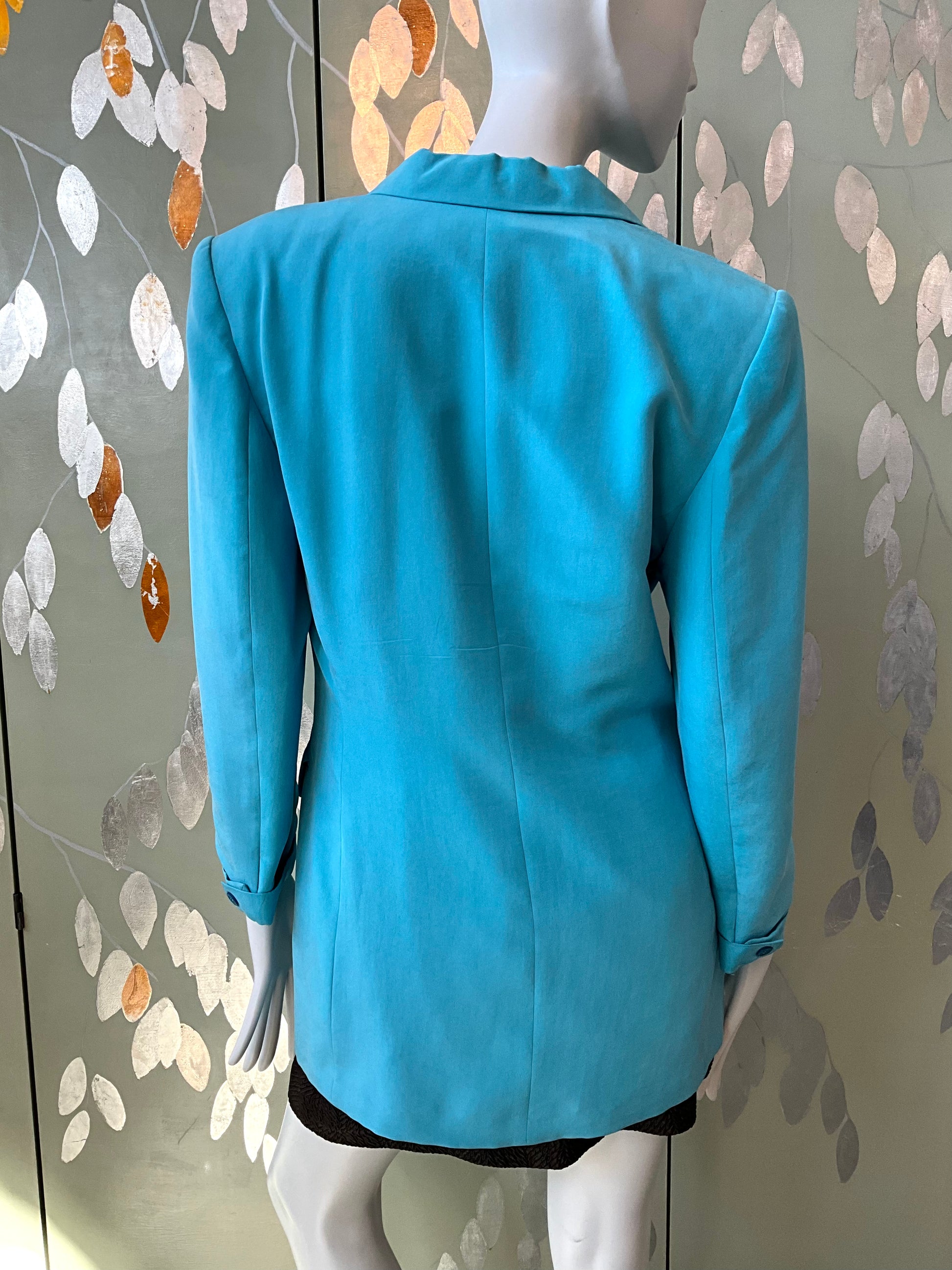 Vintage 1980s Baby Blue Silk Long Blazer, Small 