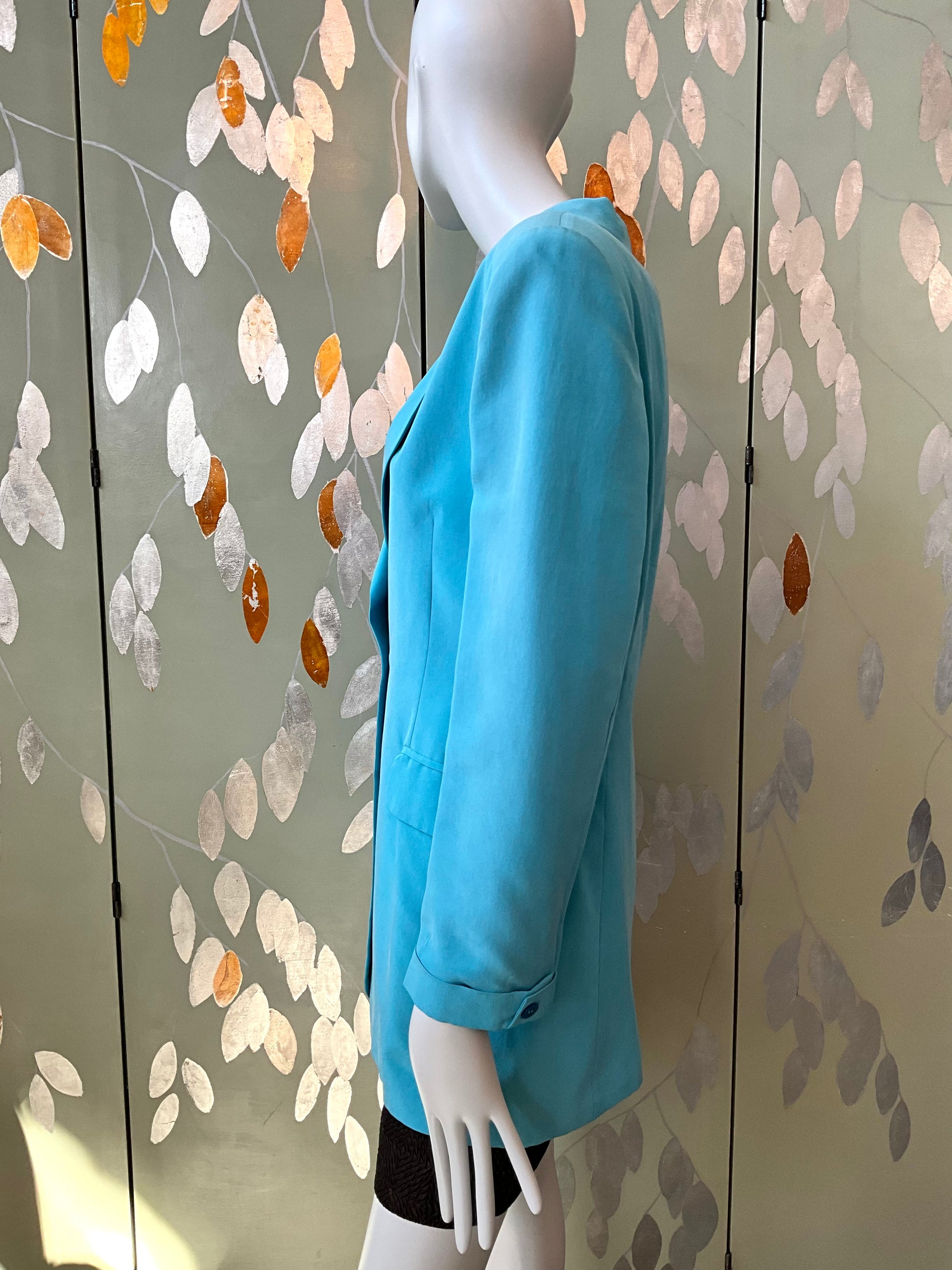 Vintage 1980s Baby Blue Silk Long Blazer, Small 