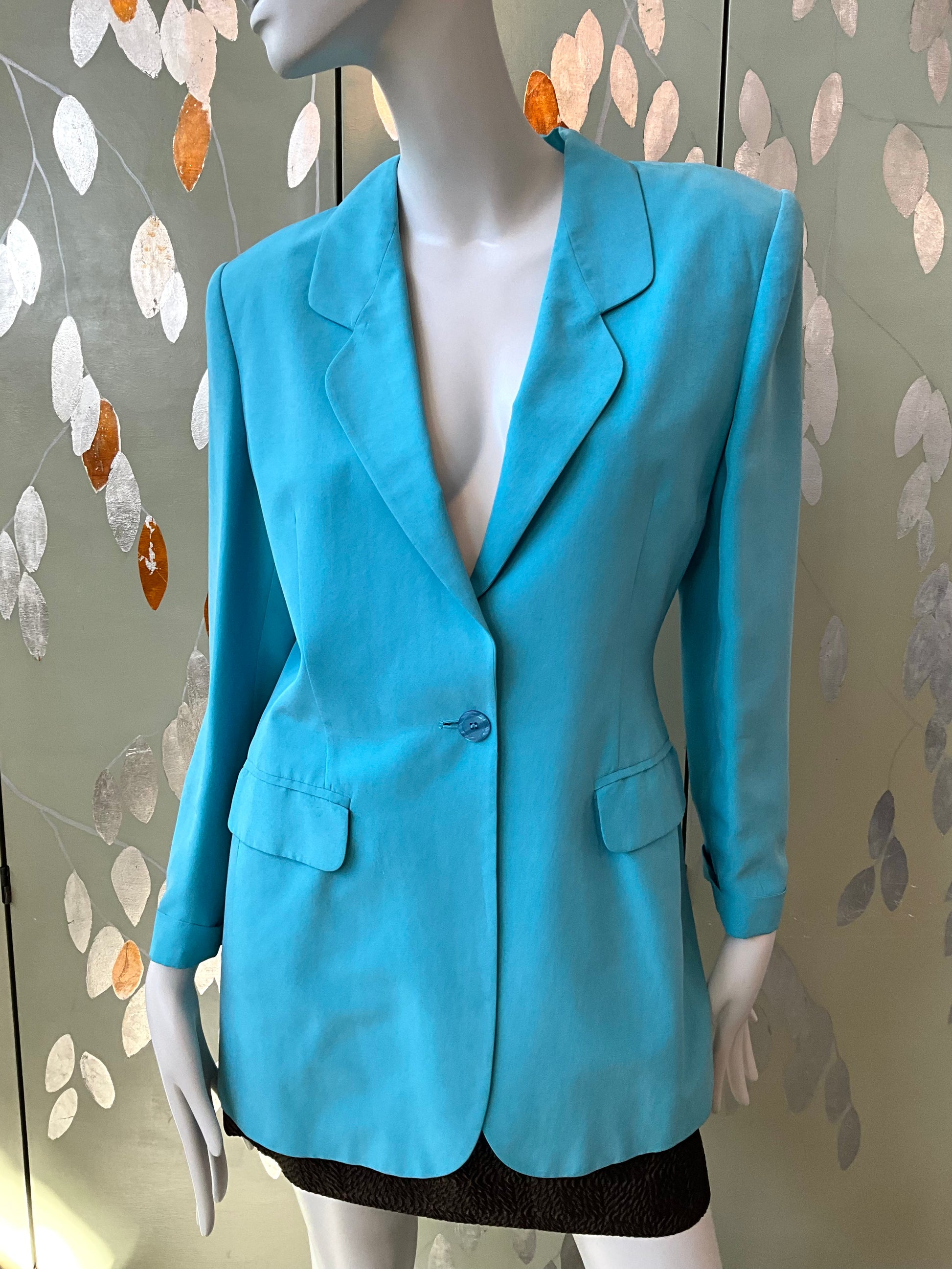 Vintage 1980s Baby Blue Silk Long Blazer, Small 