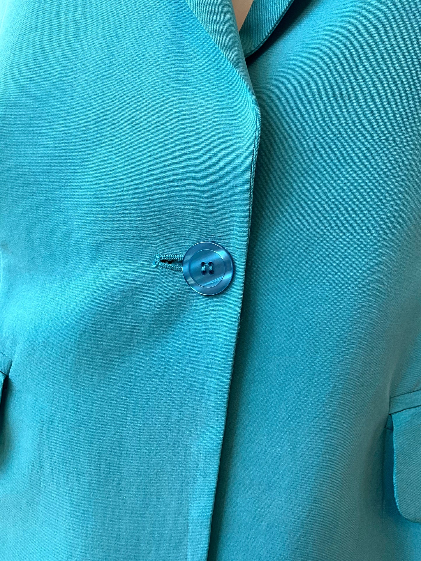 Vintage 1980s Baby Blue Silk Long Blazer, Small 