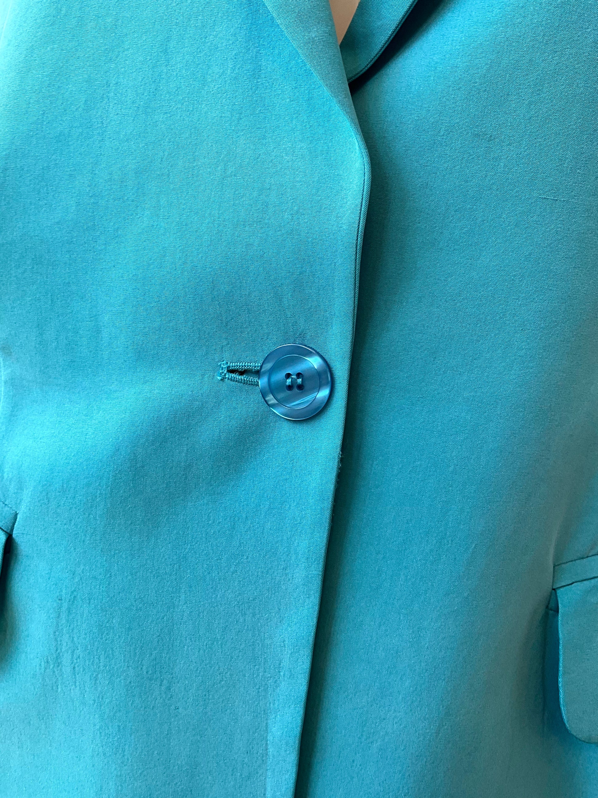 Vintage 1980s Baby Blue Silk Long Blazer, Small 