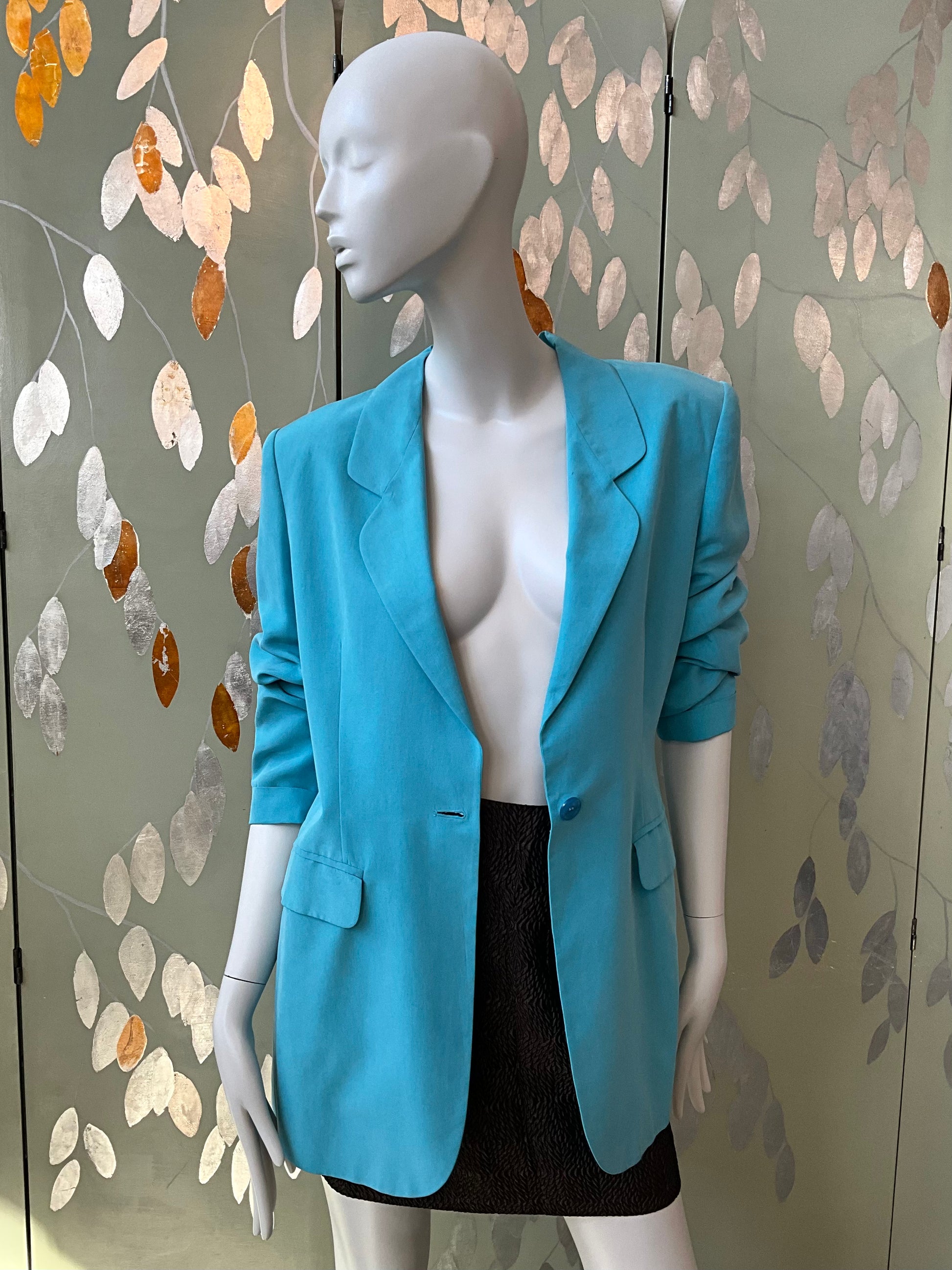 Vintage 1980s Baby Blue Silk Long Blazer, Small 