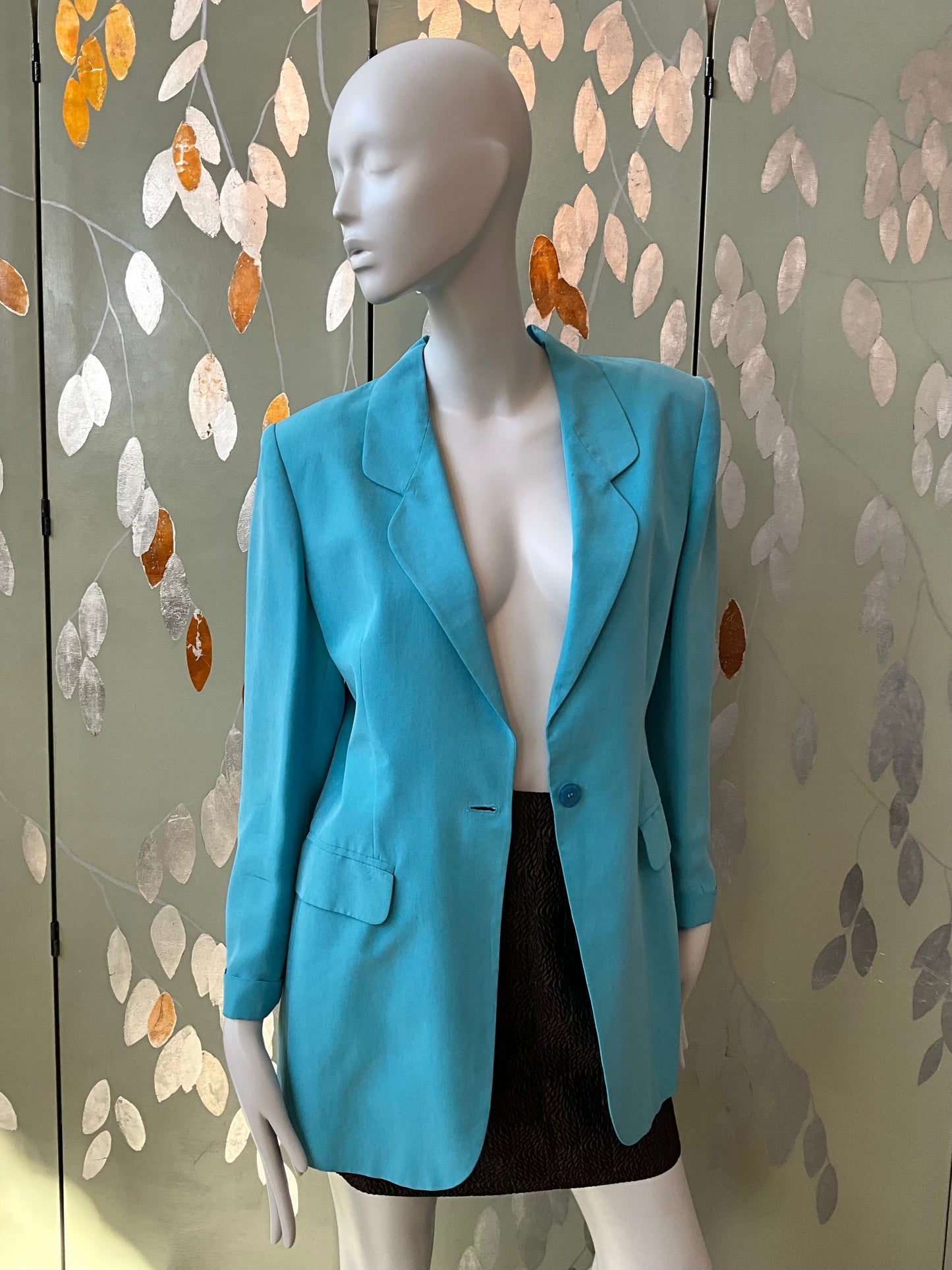 Vintage 1980s Baby Blue Silk Long Blazer, Small 