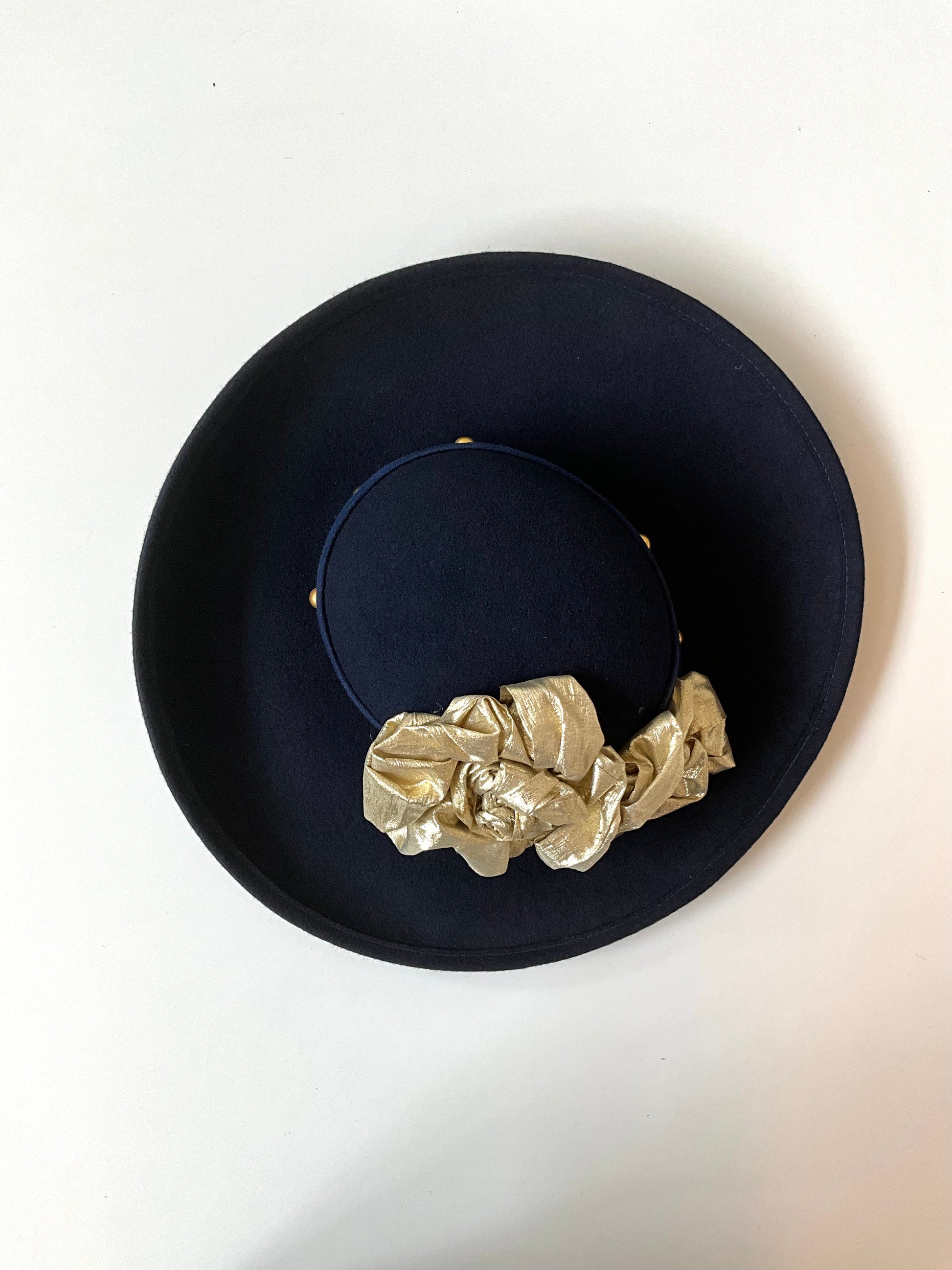 Vintage 1980s Navy Blue Wide Brim Hat, Gold Flowers, Sonni San Franciso 