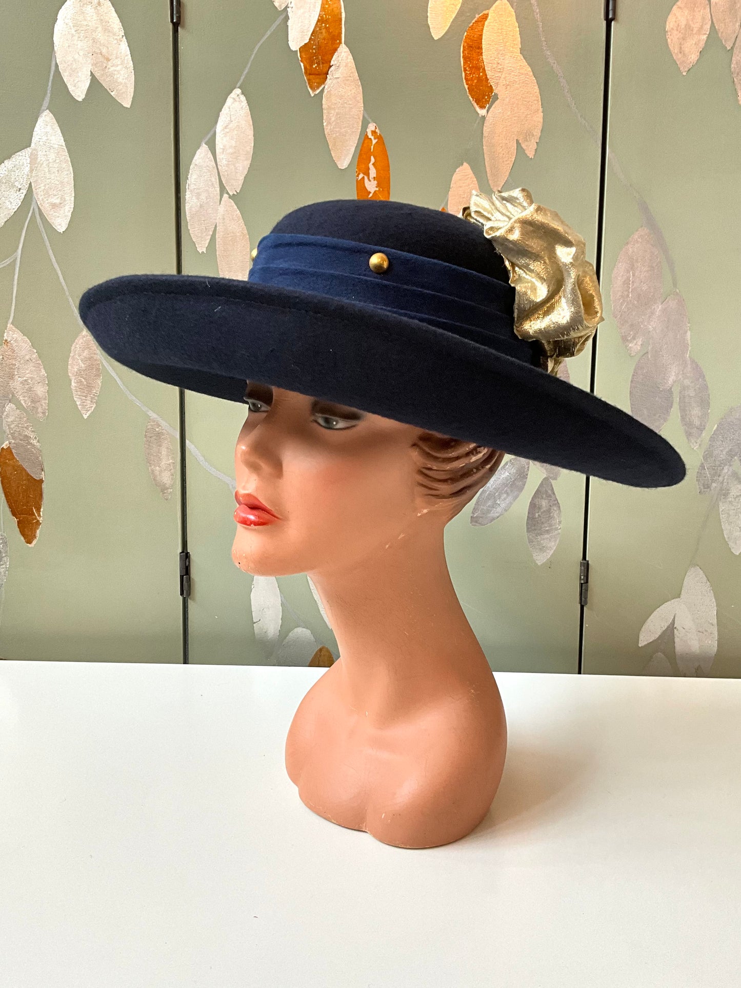 Vintage 1980s Navy Blue Wide Brim Hat, Gold Flowers, Sonni San Franciso 