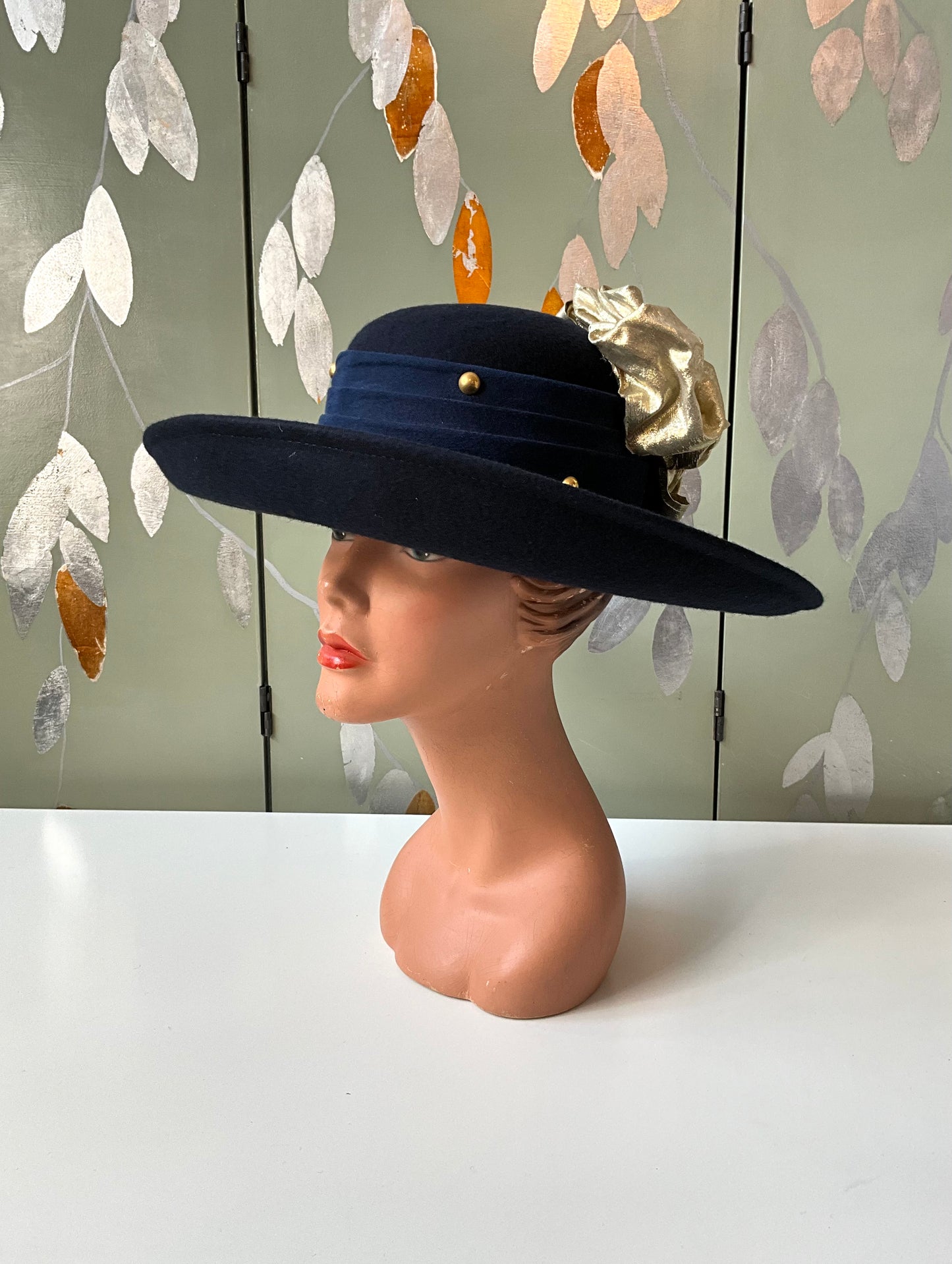 Vintage 1980s Navy Blue Wide Brim Hat, Gold Flowers, Sonni San Franciso 