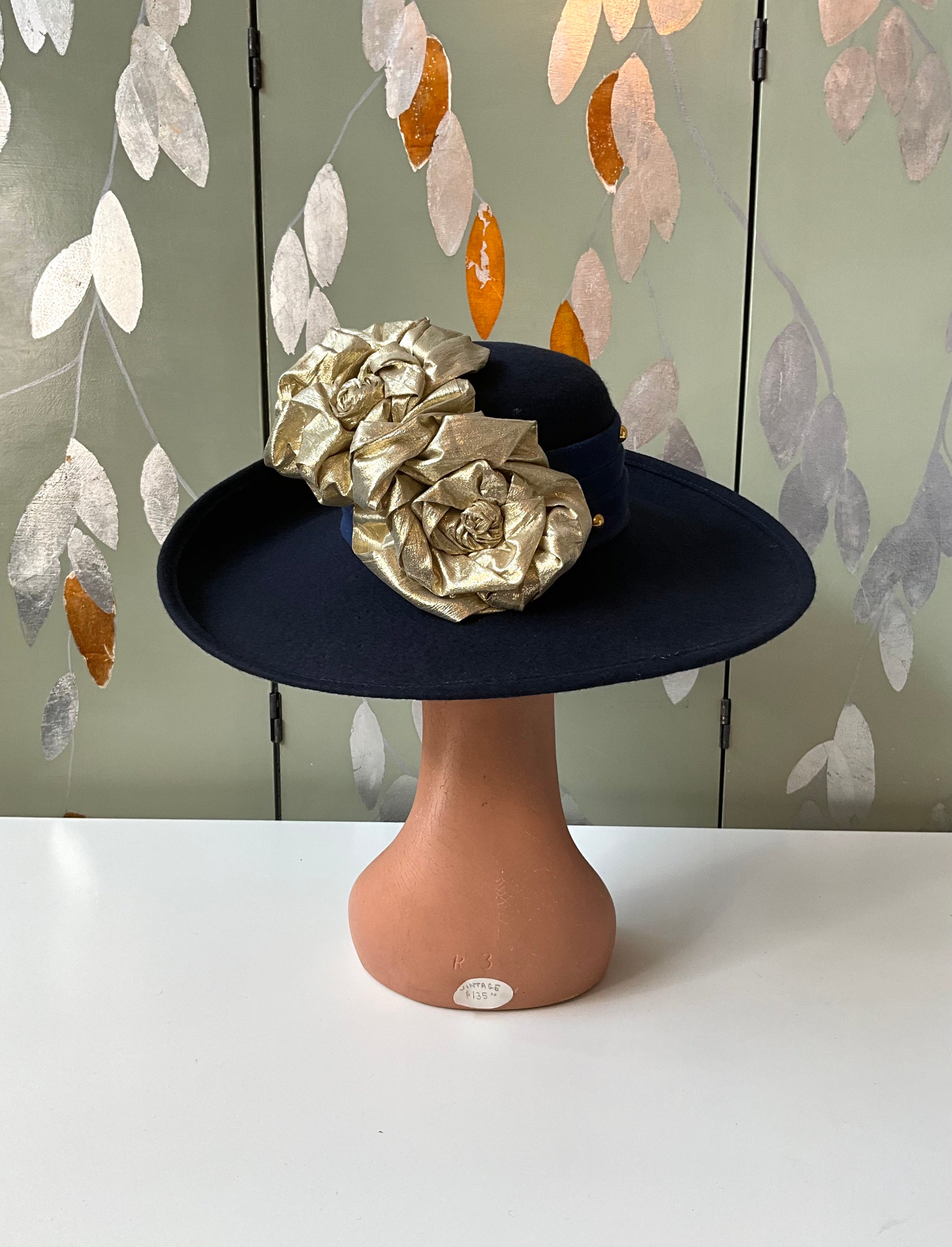 Vintage 1980s Navy Blue Wide Brim Hat, Gold Flowers, Sonni San Franciso 