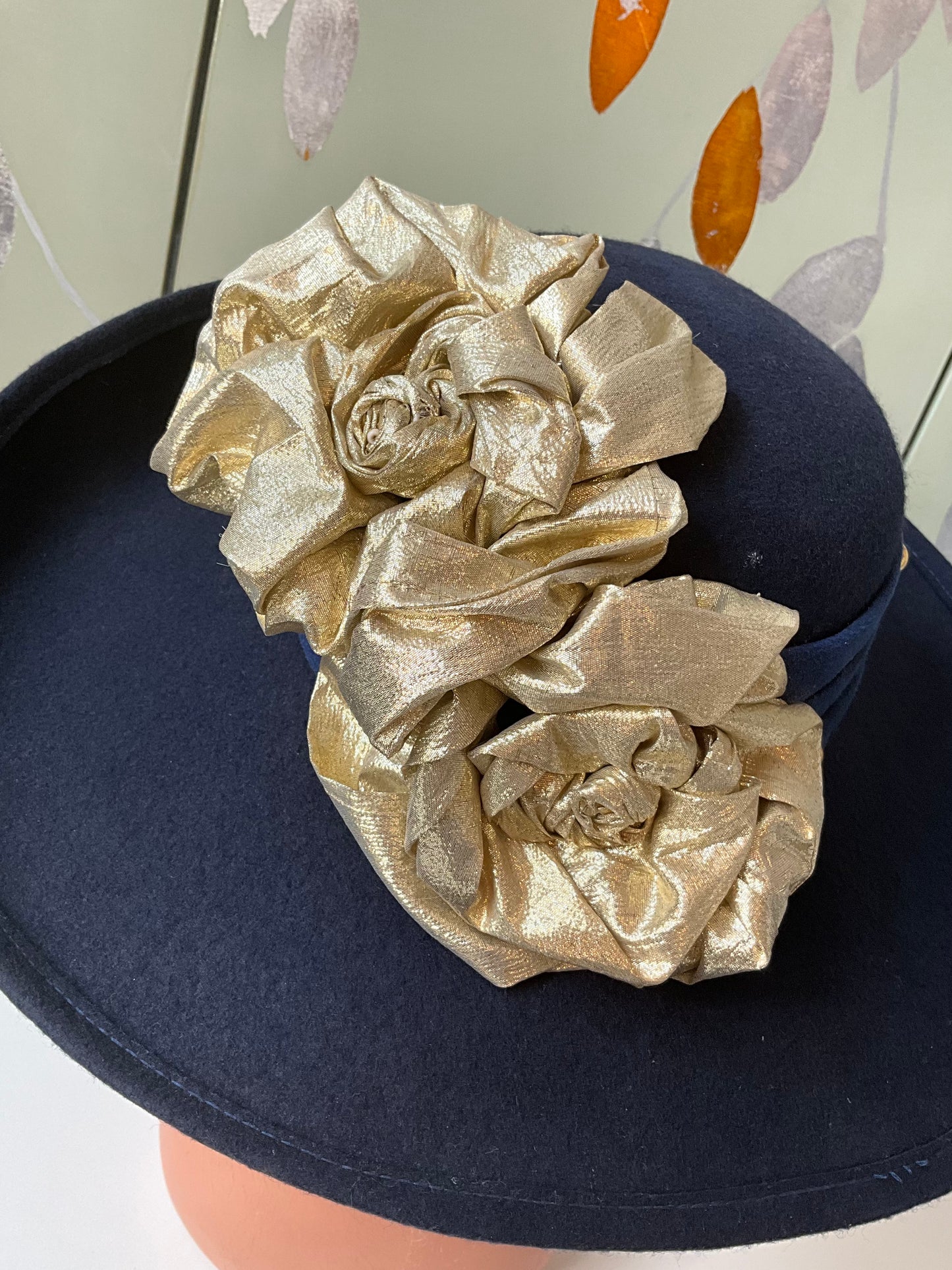 Vintage 1980s Navy Blue Wide Brim Hat, Gold Flowers, Sonni San Franciso 