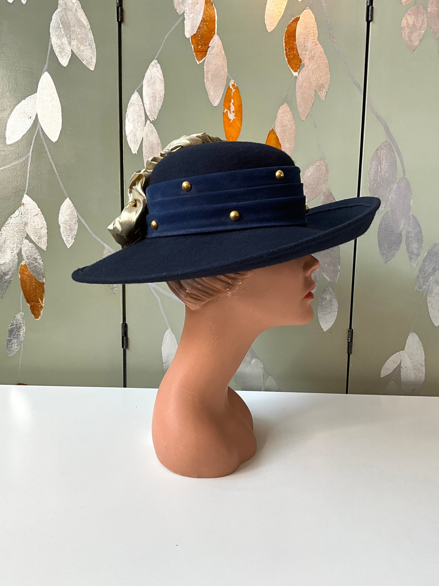 Vintage 1980s Navy Blue Wide Brim Hat, Gold Flowers, Sonni San Franciso 