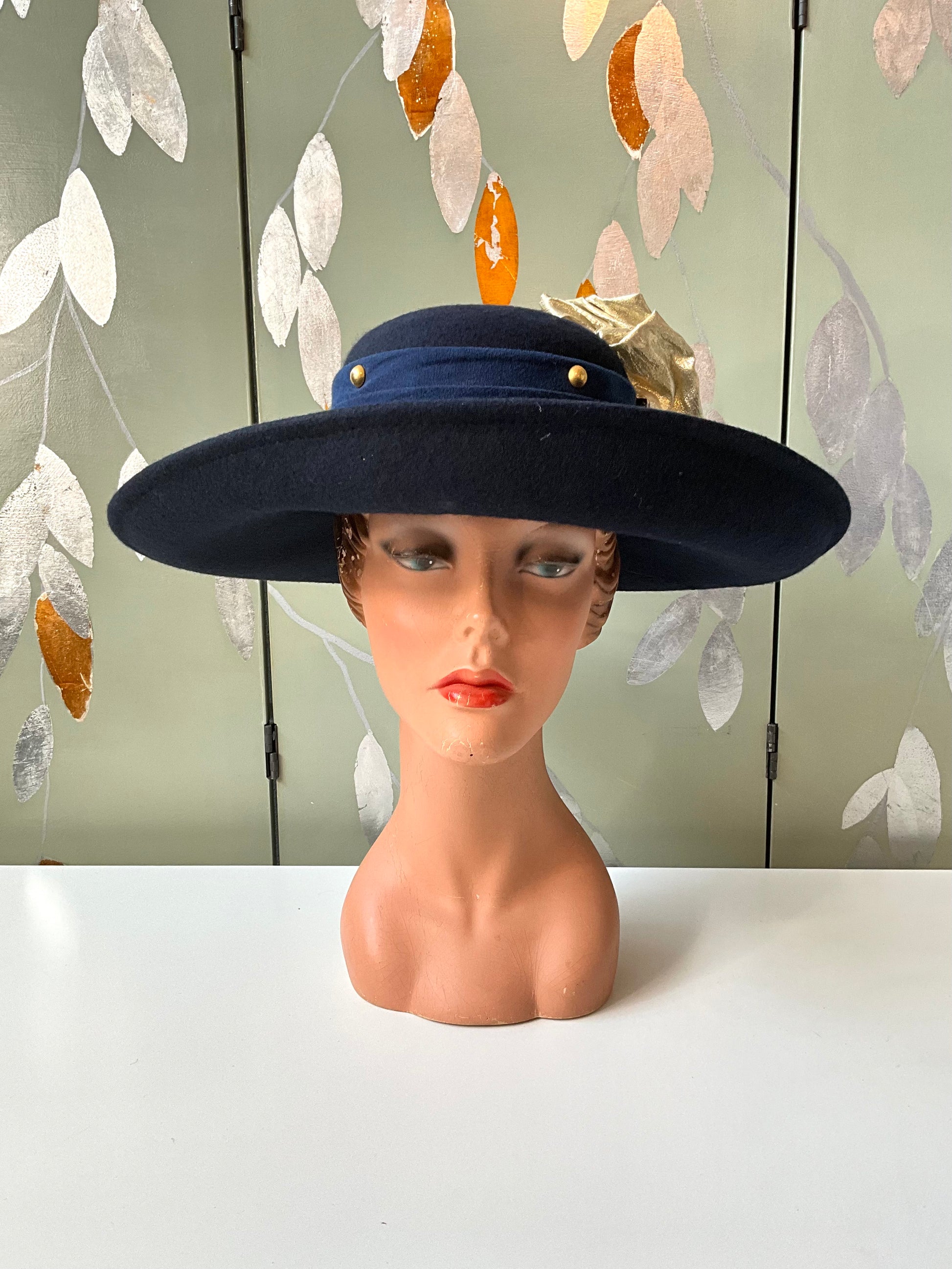 Vintage 1980s Navy Blue Wide Brim Hat, Gold Flowers, Sonni San Franciso 