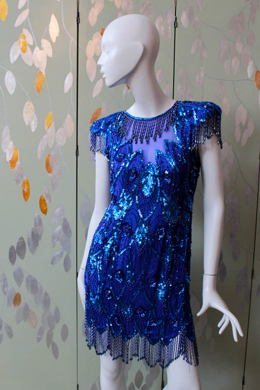 Vintage 1980s Blue Beaded Dress, XS