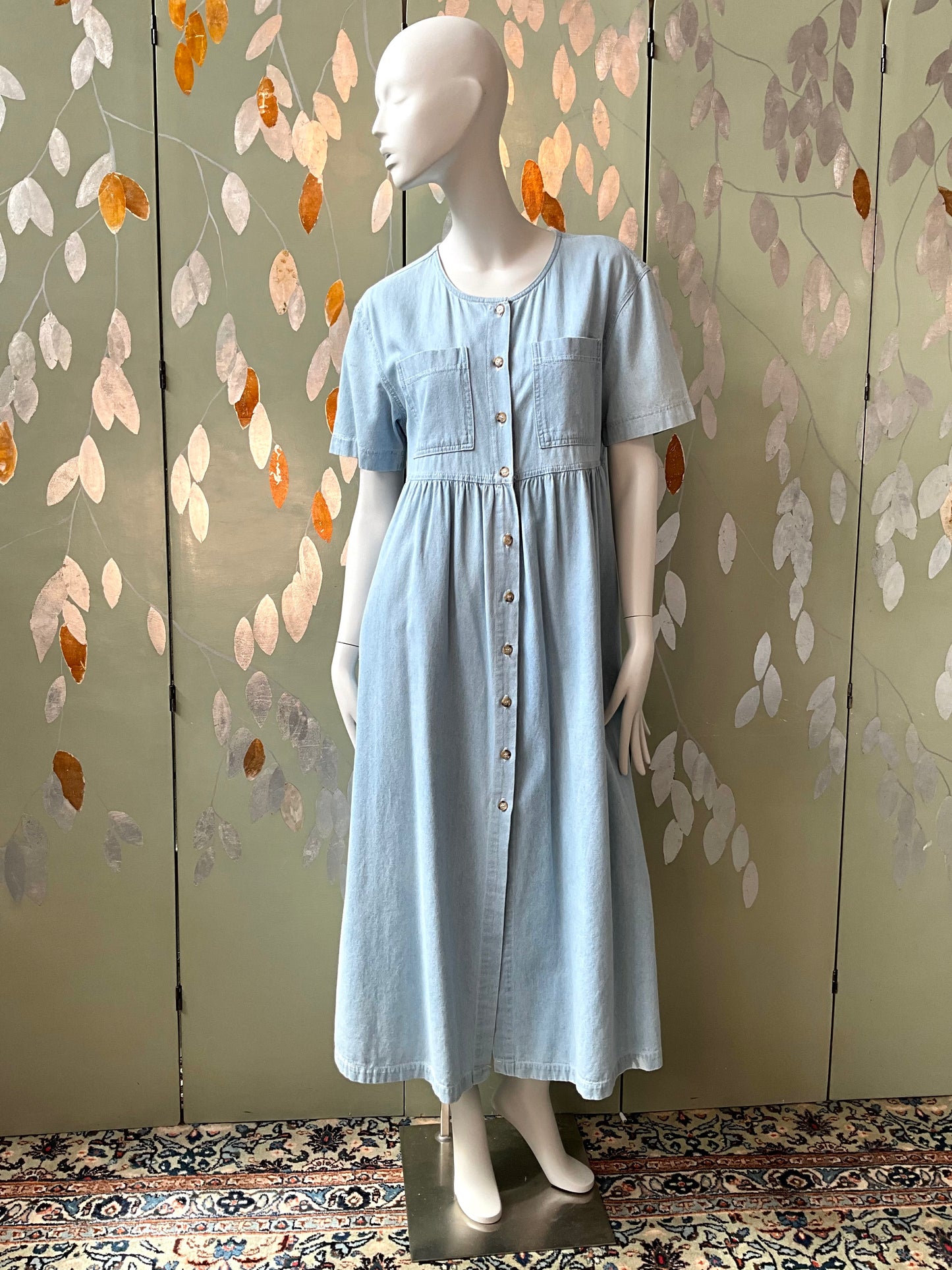 Vintage 1990s Blue Cotton Button Up Maxi Dress, Large 