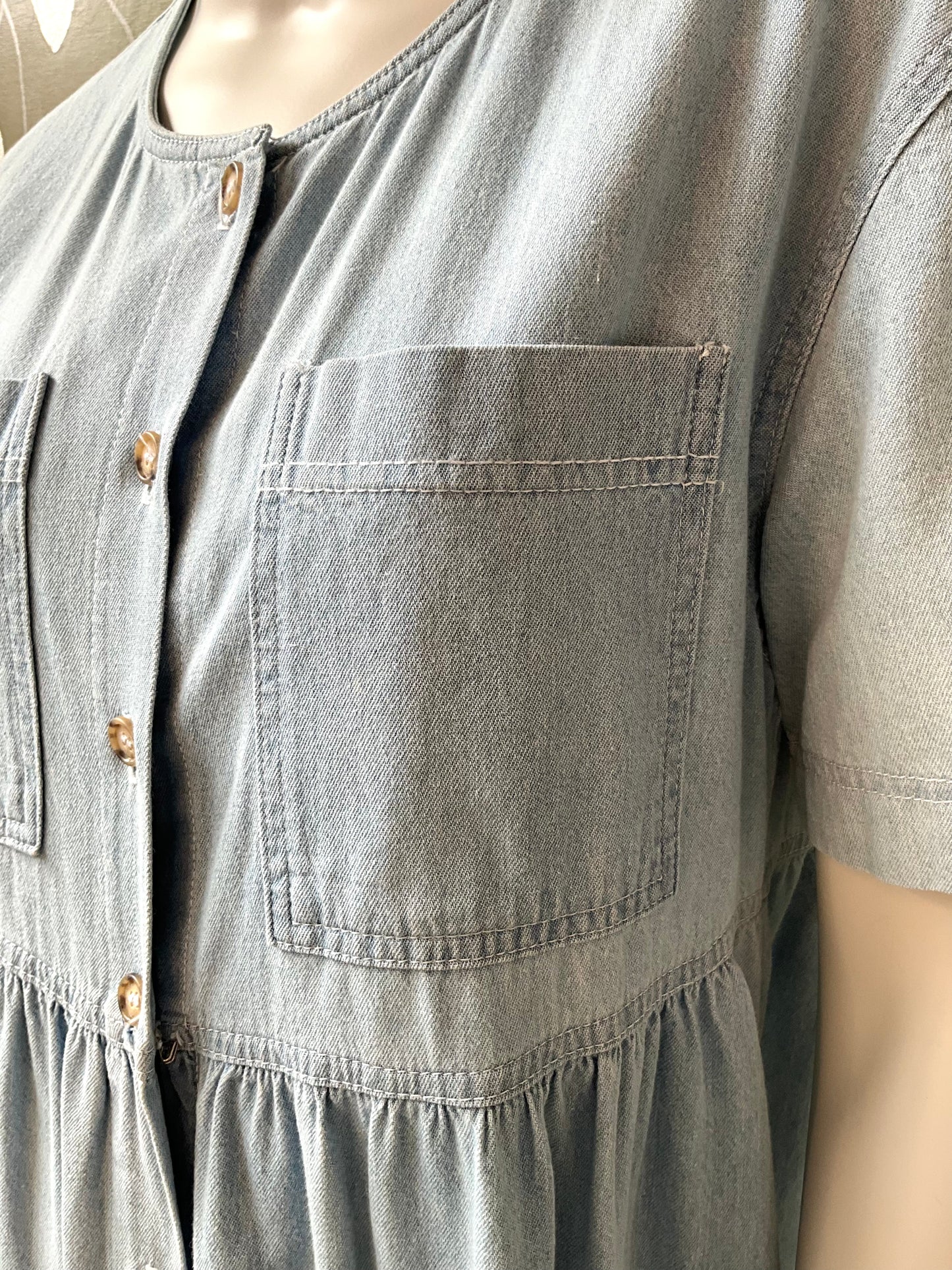 Blue dress with button details on a mannequin