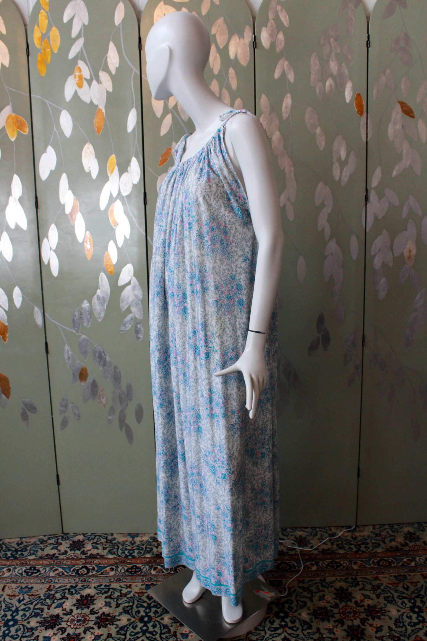 1970s maxi night gown blue floral print, gathered neckline with tie shoulders  