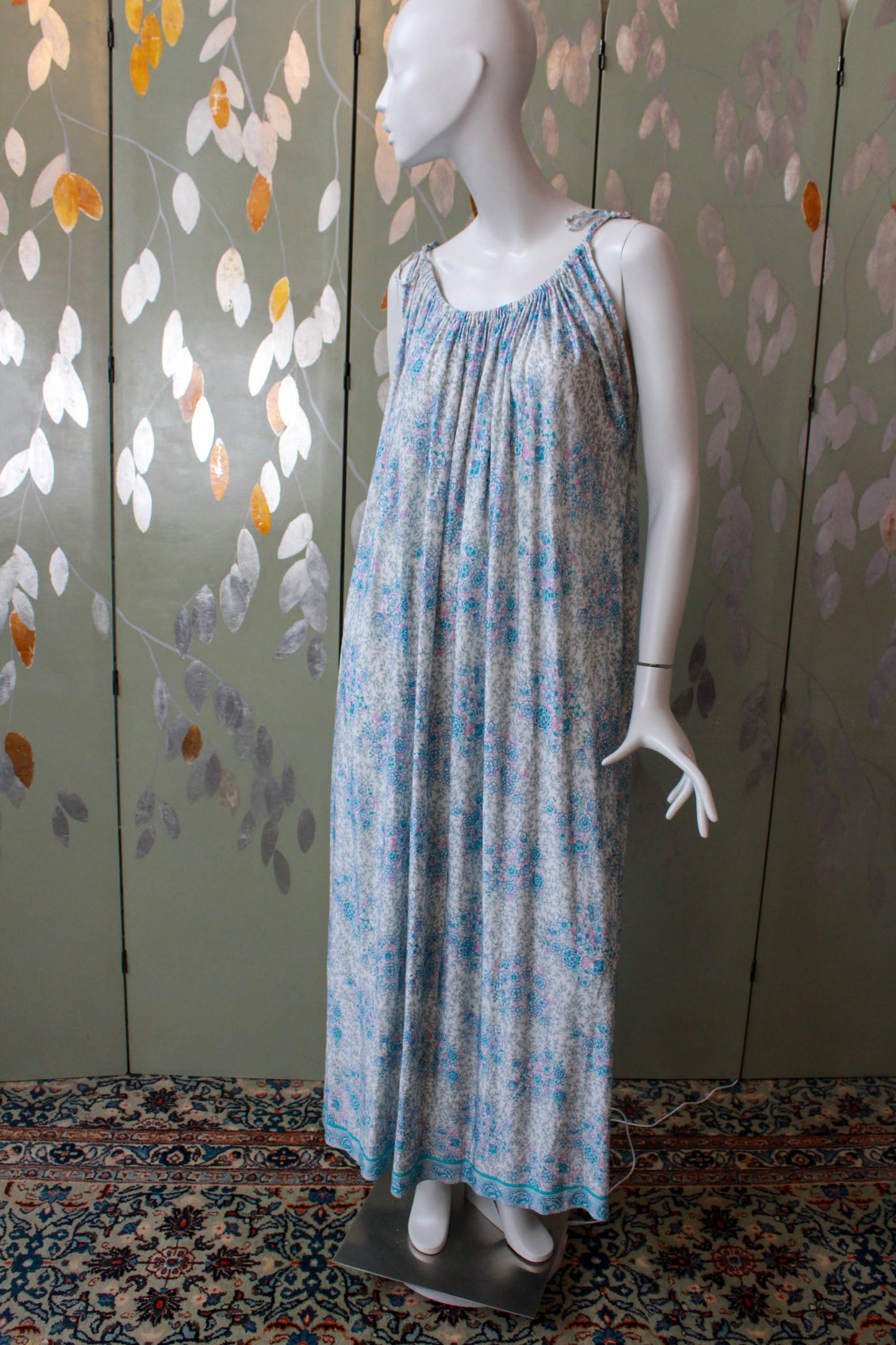 1970s maxi night gown blue floral print, gathered neckline with tie shoulders  