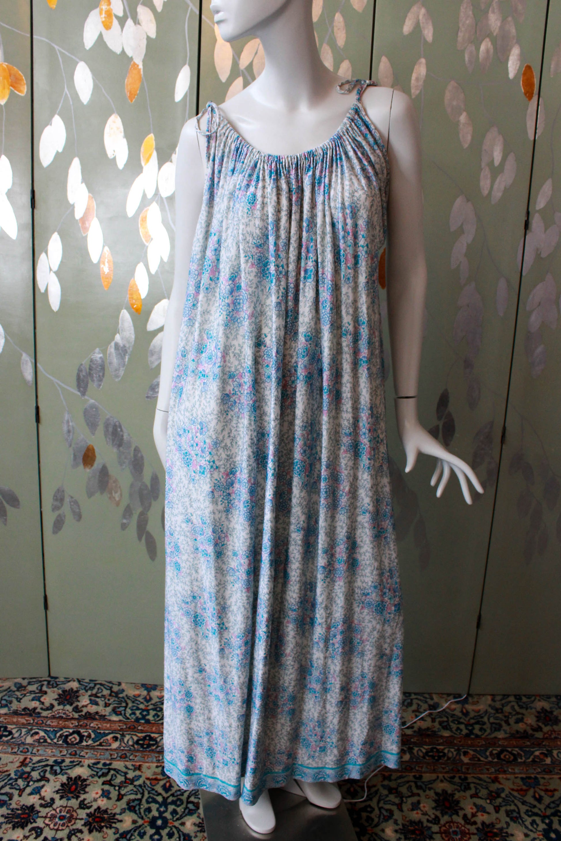 1970s maxi night gown blue floral print, gathered neckline with tie shoulders  