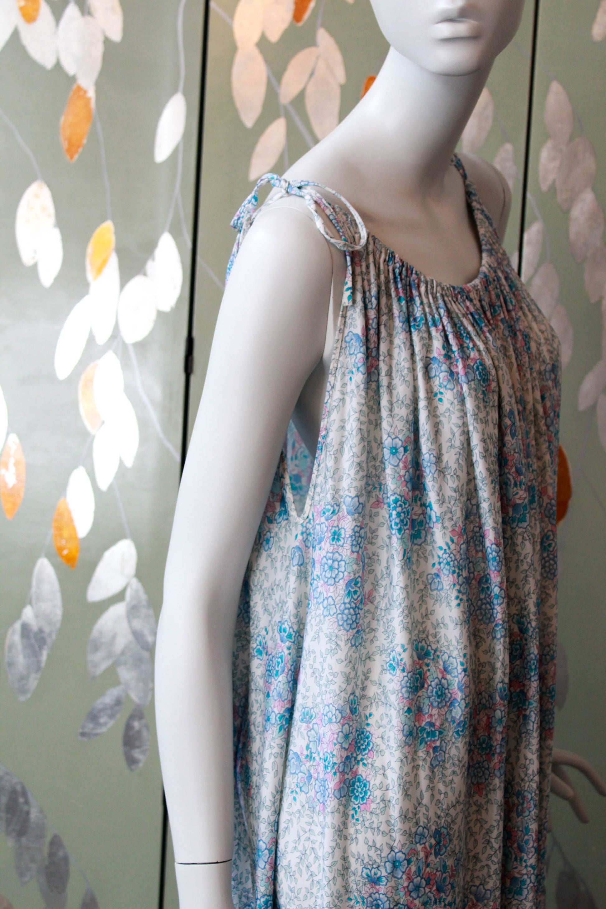 1970s maxi night gown blue floral print, gathered neckline with tie shoulders  