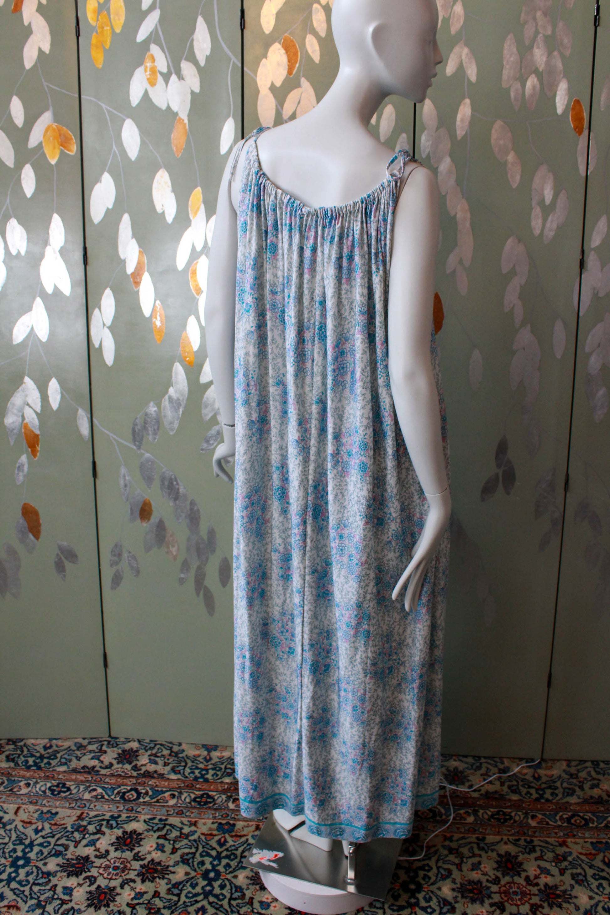 1970s maxi night gown blue floral print, gathered neckline with tie shoulders  