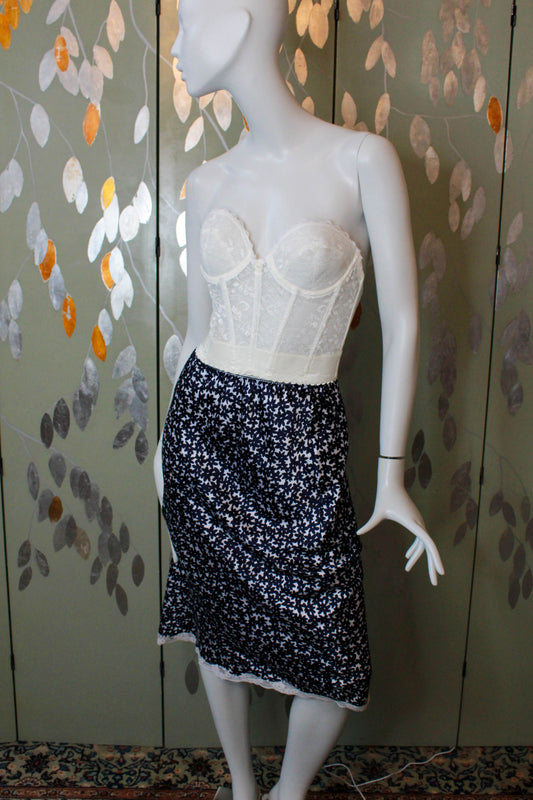 1980s Blue Floral Print Slip Skirt, Small/Medium