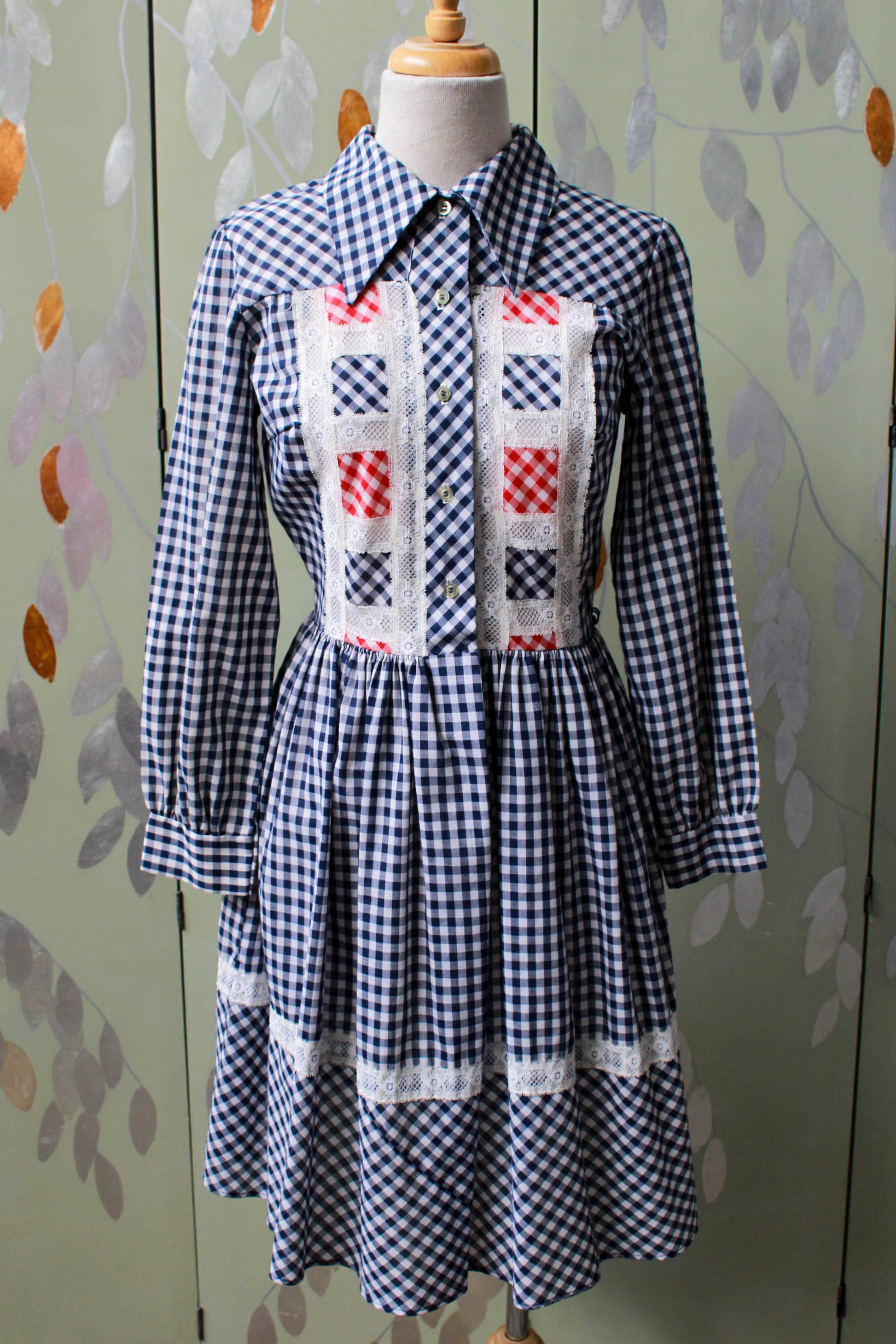 Vintage 1970s Blue Red Gingham Lace Shirt Dress, Small Vintage 1970s Blue Red Gingham Lace Shirt Dress, Small