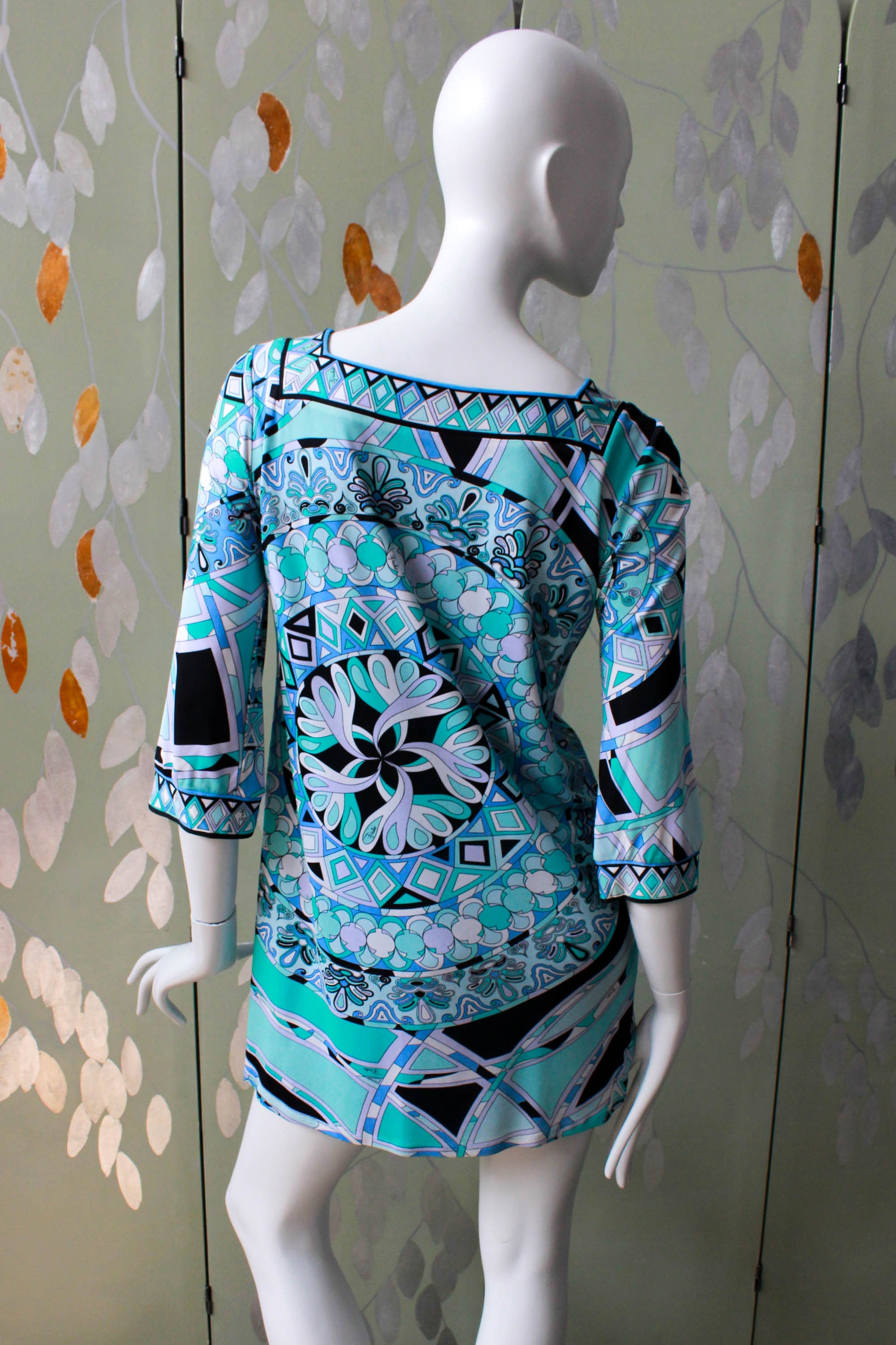 1960s vintage emilio pucci blue silk jersey printed mini dress, three quarter sleeves, square neckline 