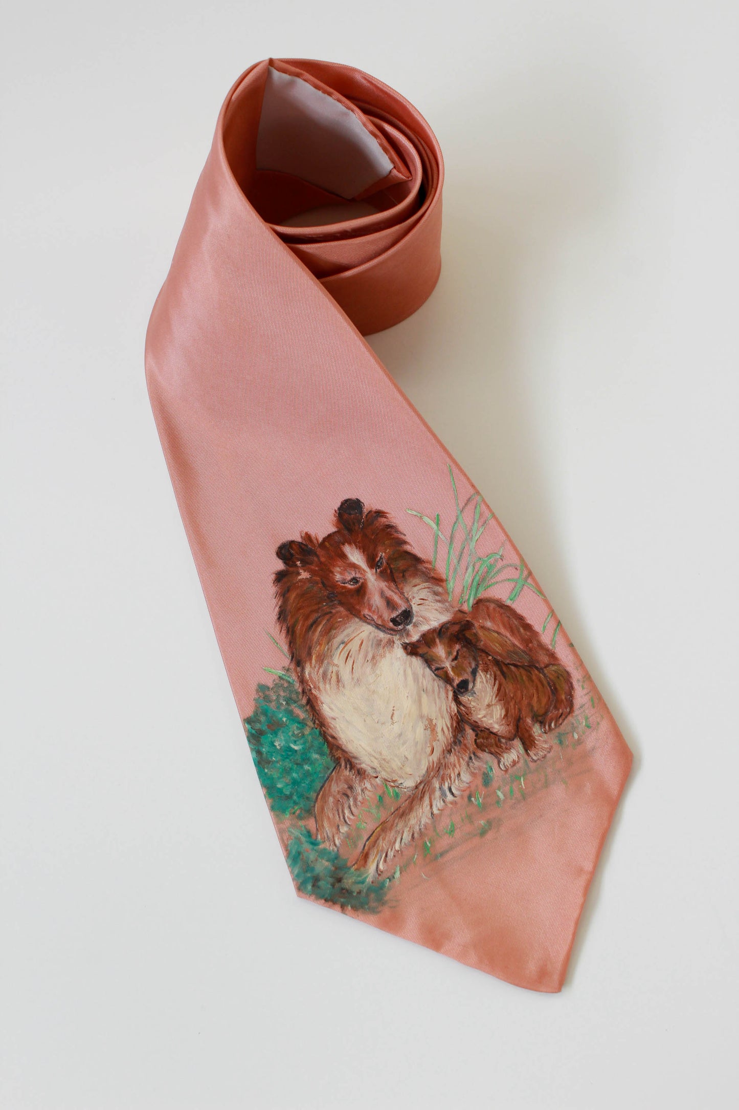 1940s Collie and Puppy Hand Painted Necktie, Rayon