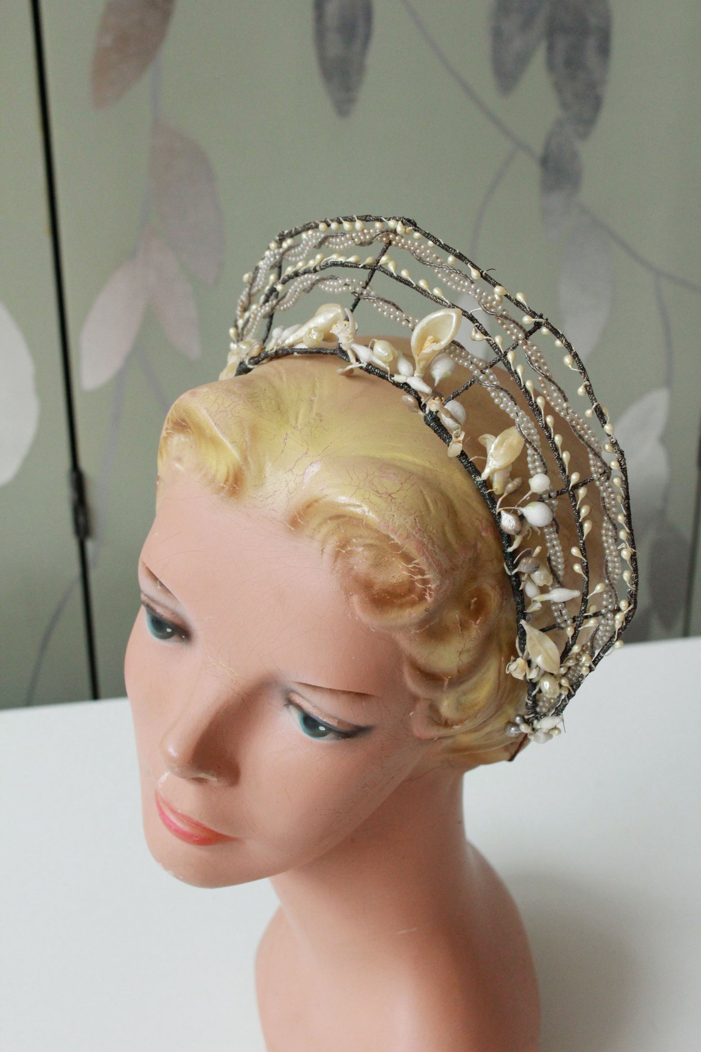 1940s Wedding Headpiece, Crescent Moon Bridal Beaded Flower Headpiece, 1940s Bride Veil, Vintage Wedding