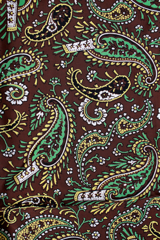 Vintage 1940 Rayon In Brown With Yellow And Green Paisley, 1 Yard
