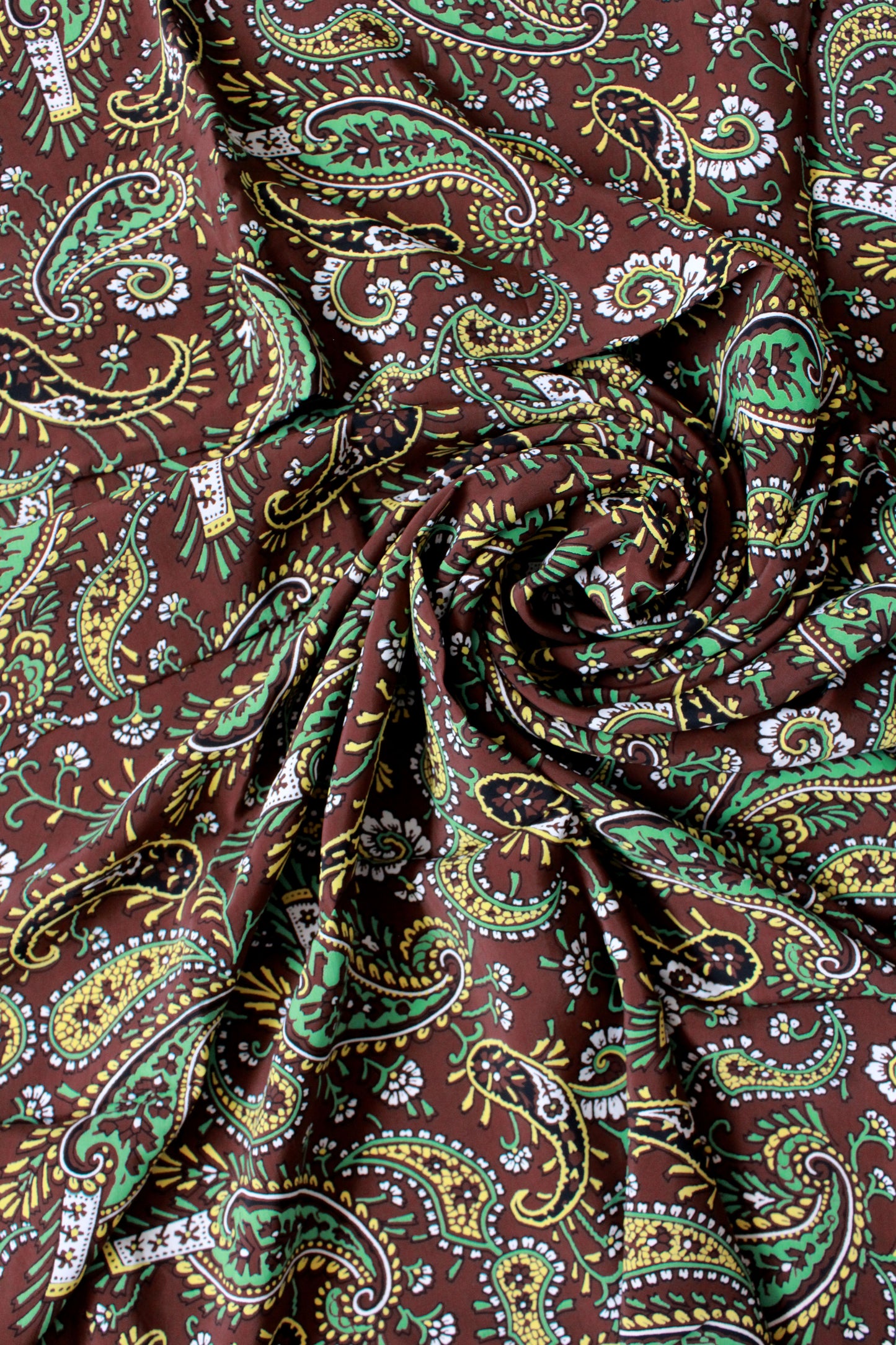 Vintage 1940 Rayon In Brown With Yellow And Green Paisley, 1 Yard