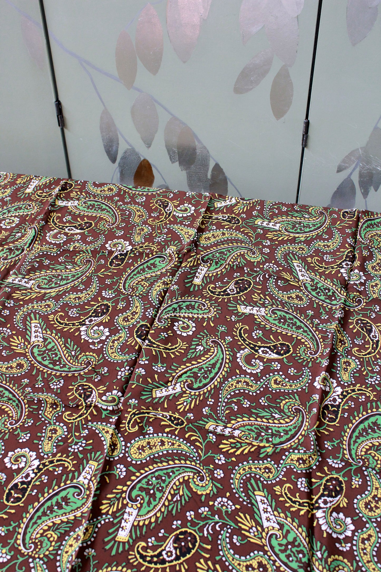 Vintage 1940 Rayon In Brown With Yellow And Green Paisley, 1 Yard