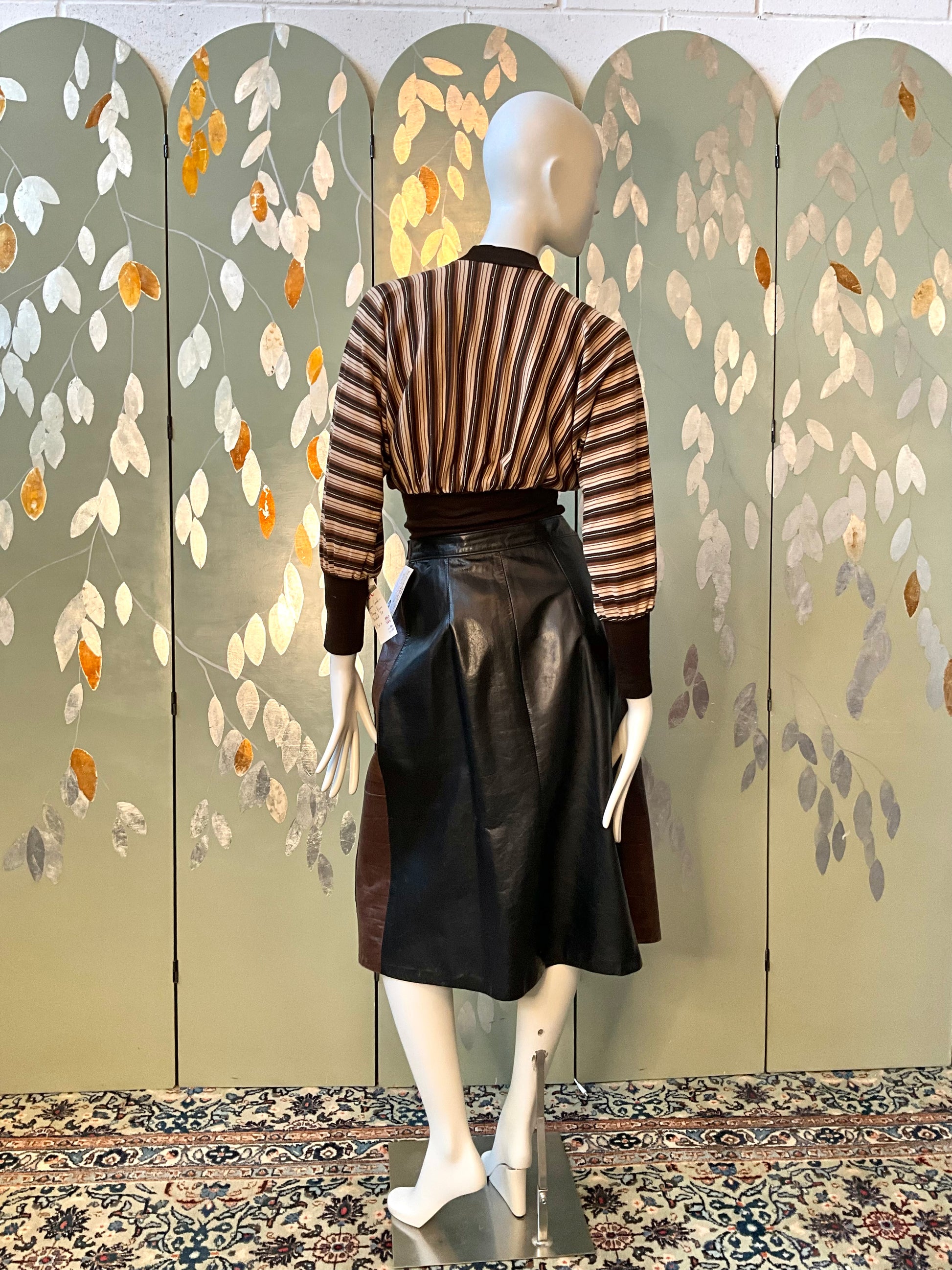 Vintage 1980s Black and Brown Leather Midi Skirt, W30