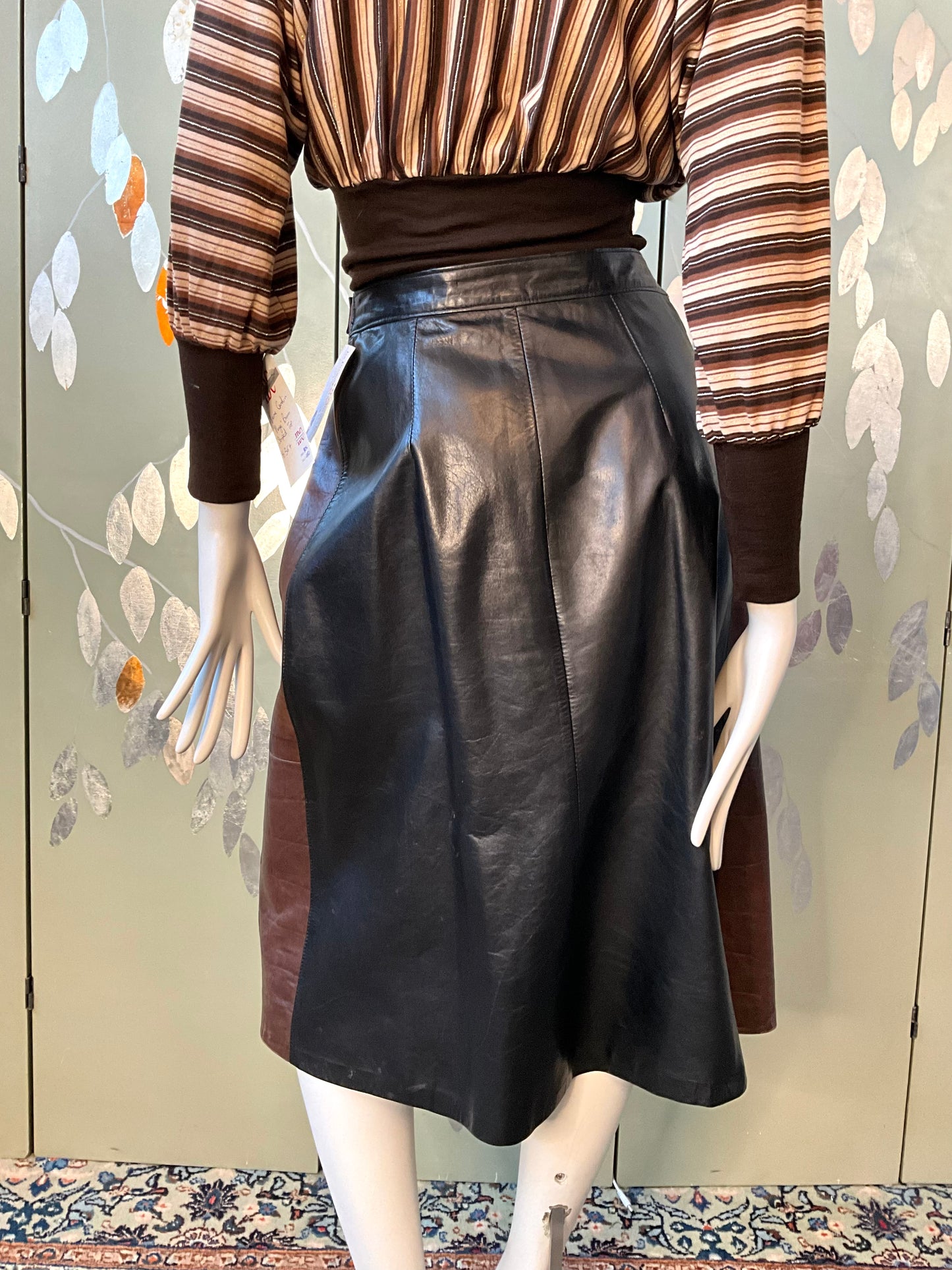 Vintage 1980s Black and Brown Leather Midi Skirt, W30