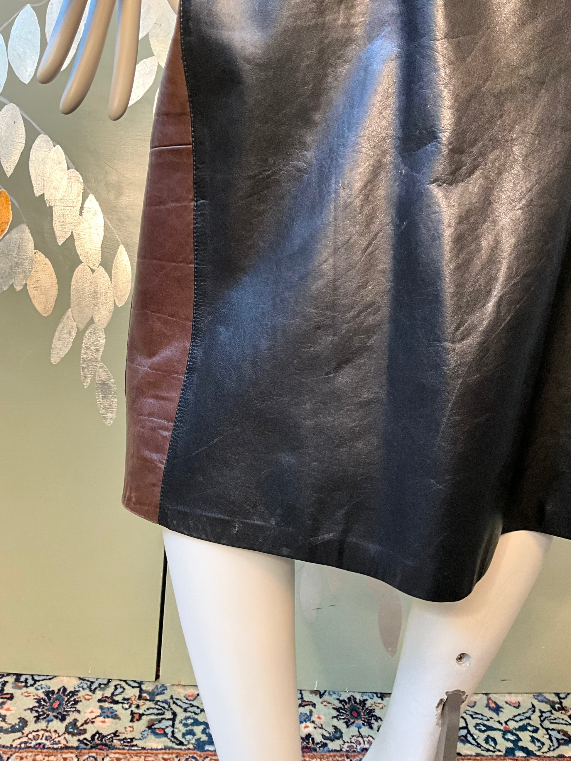 Vintage 1980s Black and Brown Leather Midi Skirt, W30